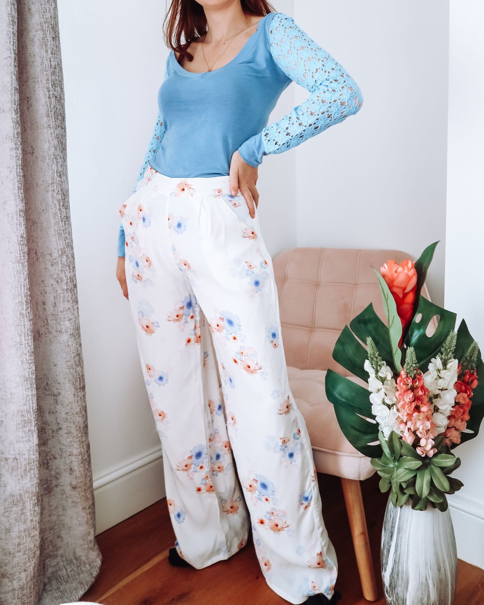 White Floral Wide Legged Trouser