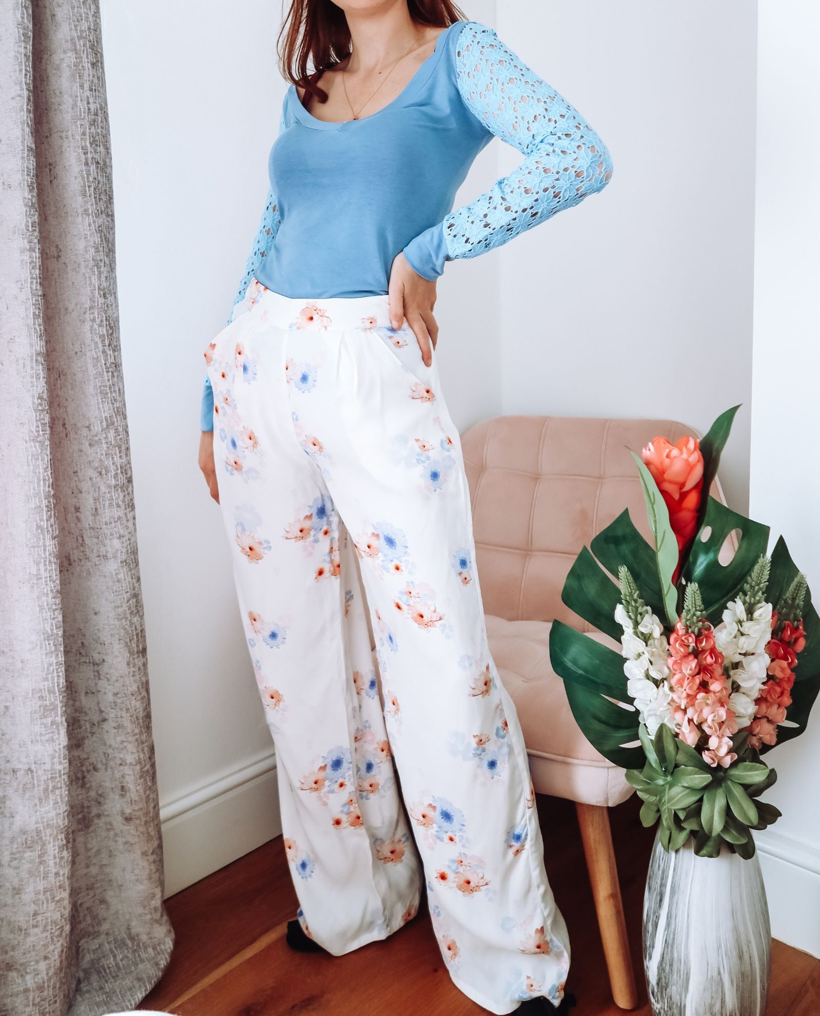 White Floral Wide Legged Trouser