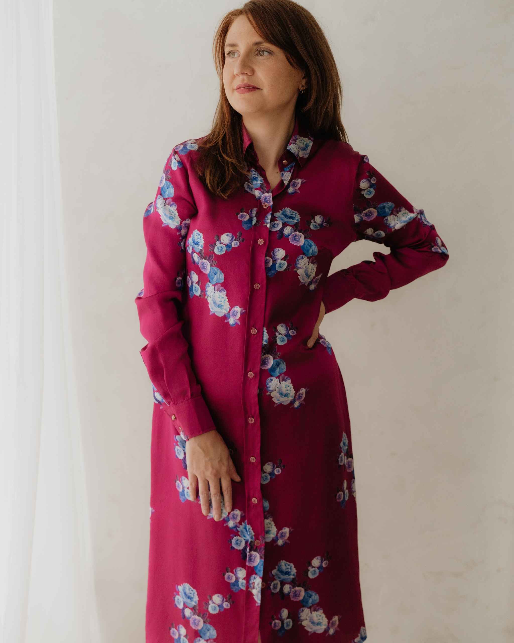 Berry Pink Peony Silk Shirt Dress