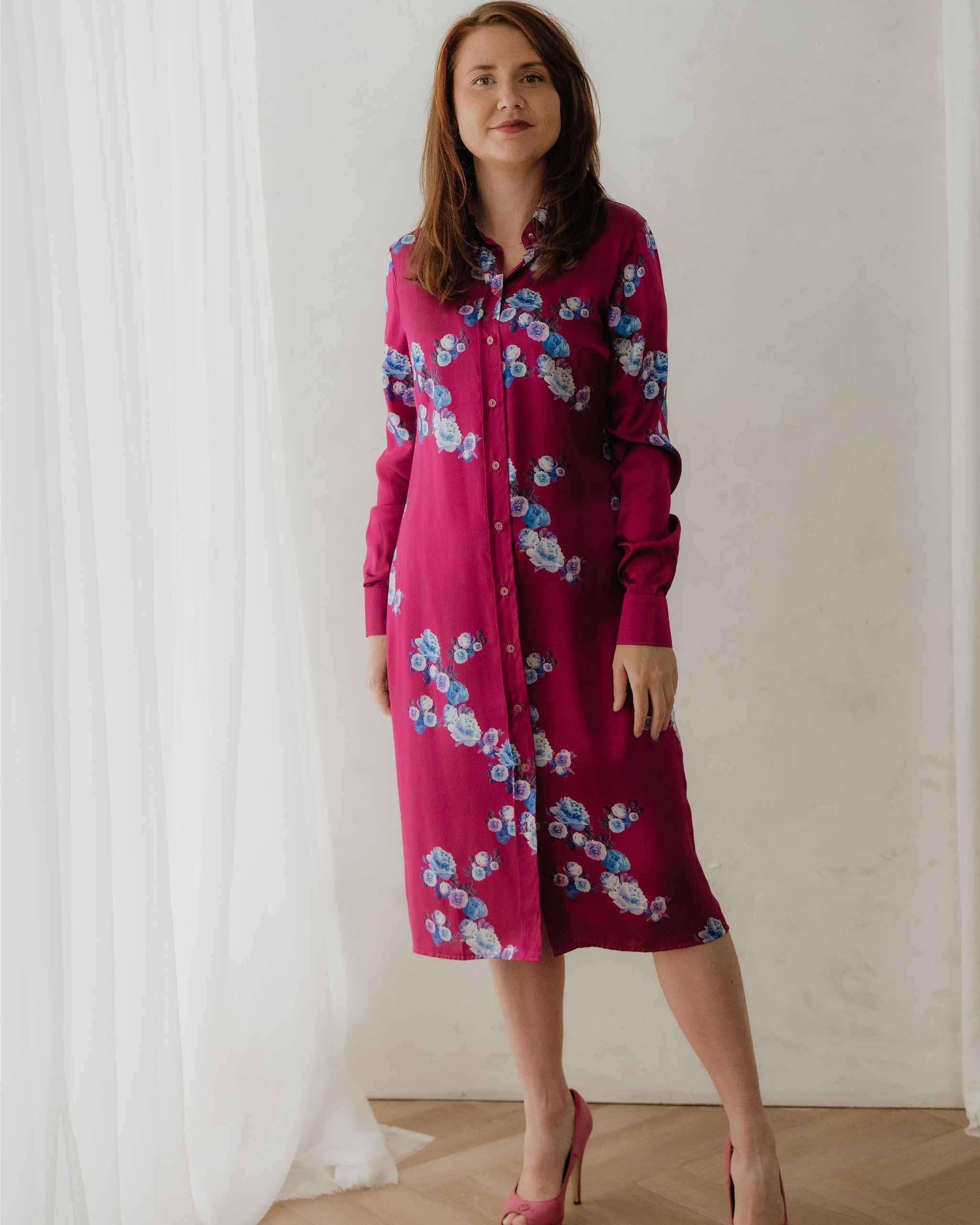 Berry Pink Peony Silk Shirt Dress