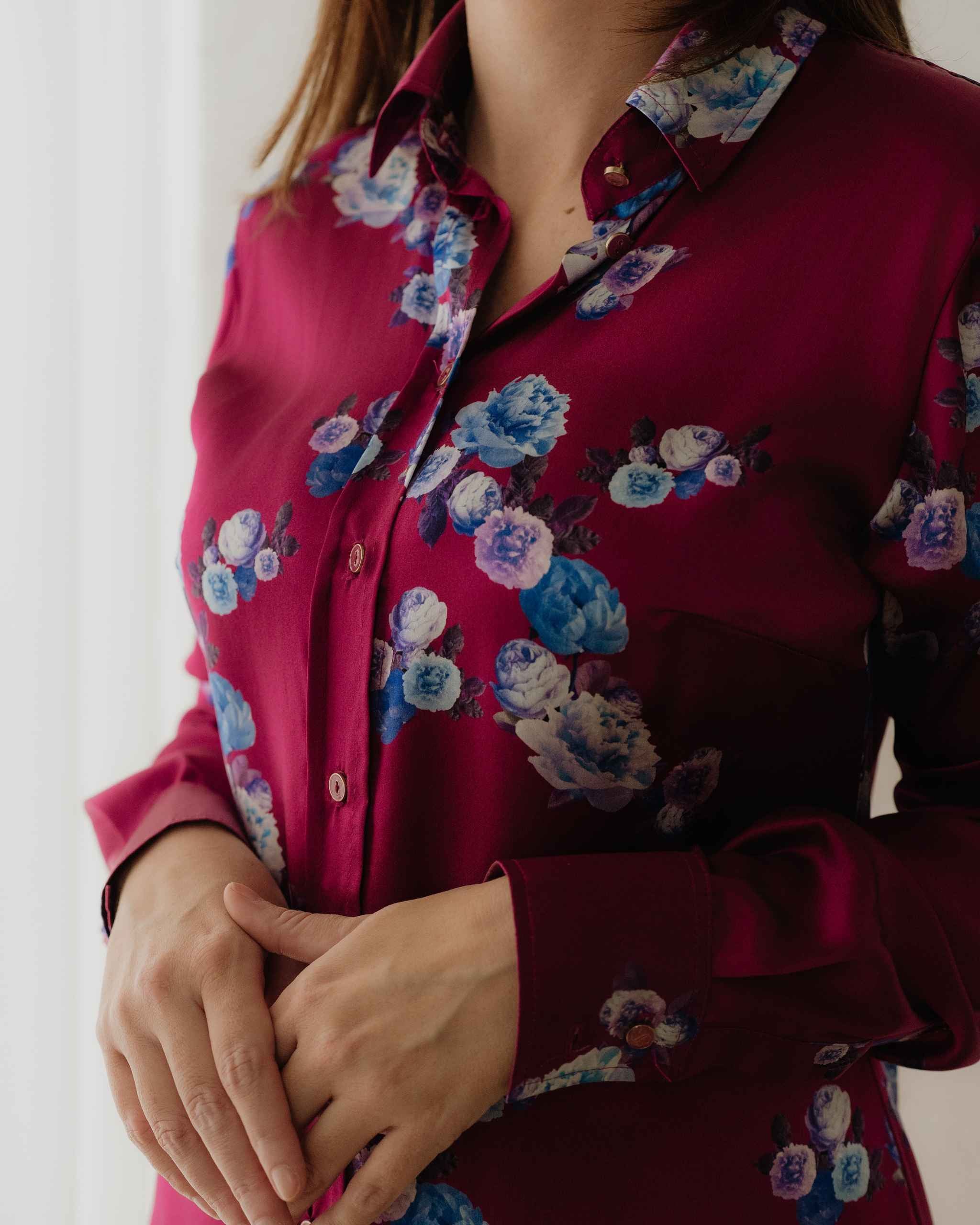 Berry Pink Peony Silk Shirt Dress