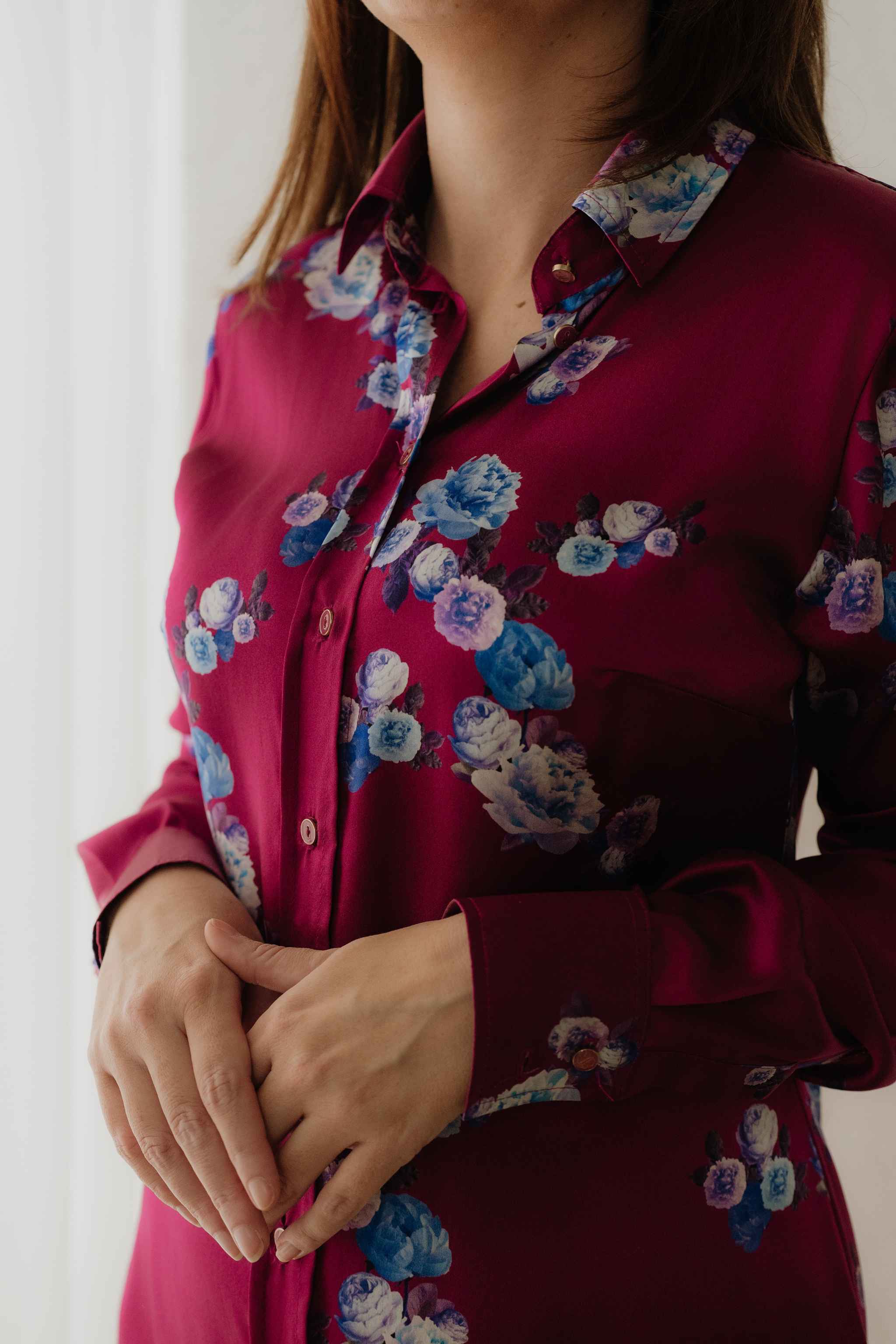 Berry Pink Peony Silk Shirt Dress