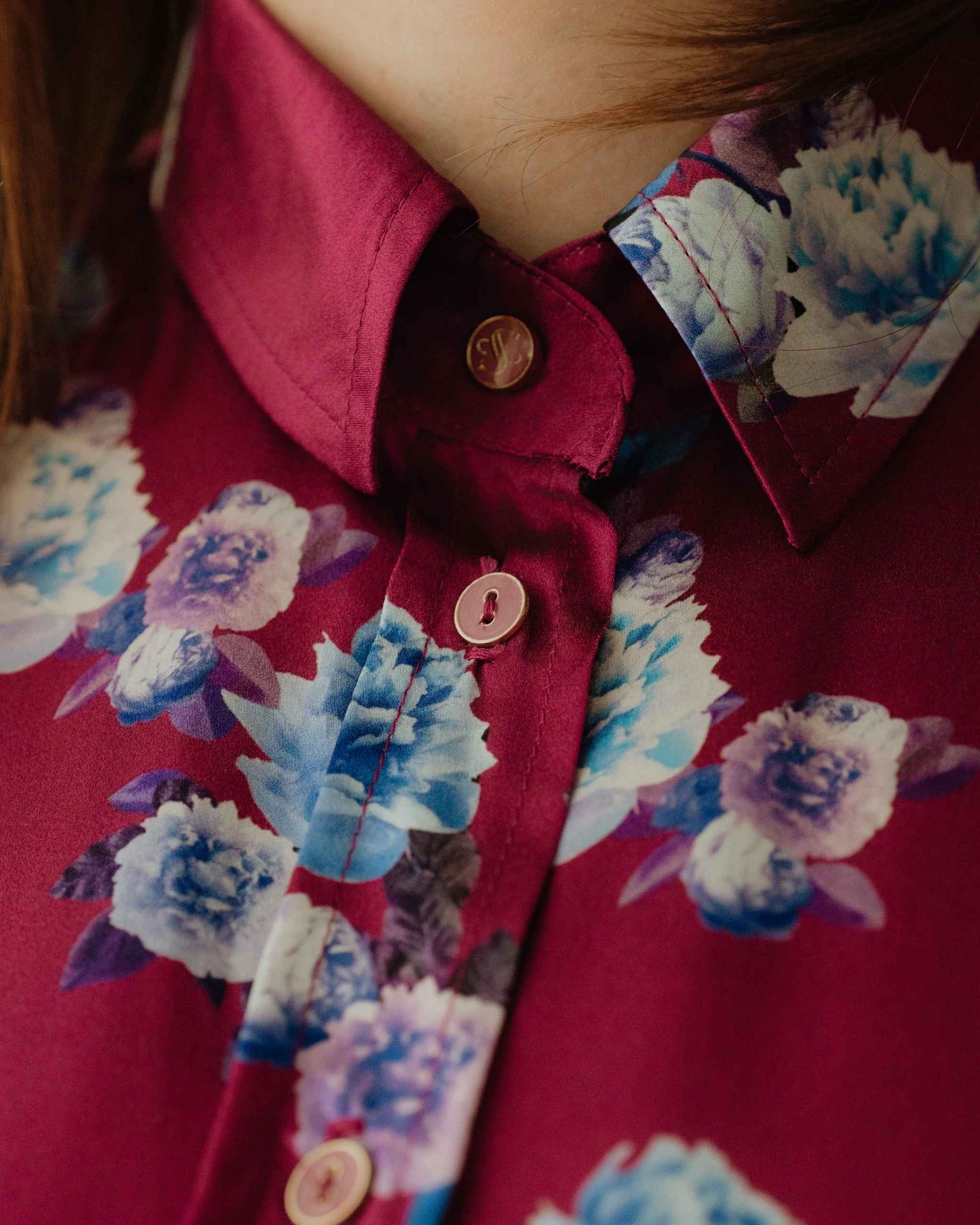 Berry Pink Peony Silk Shirt Dress