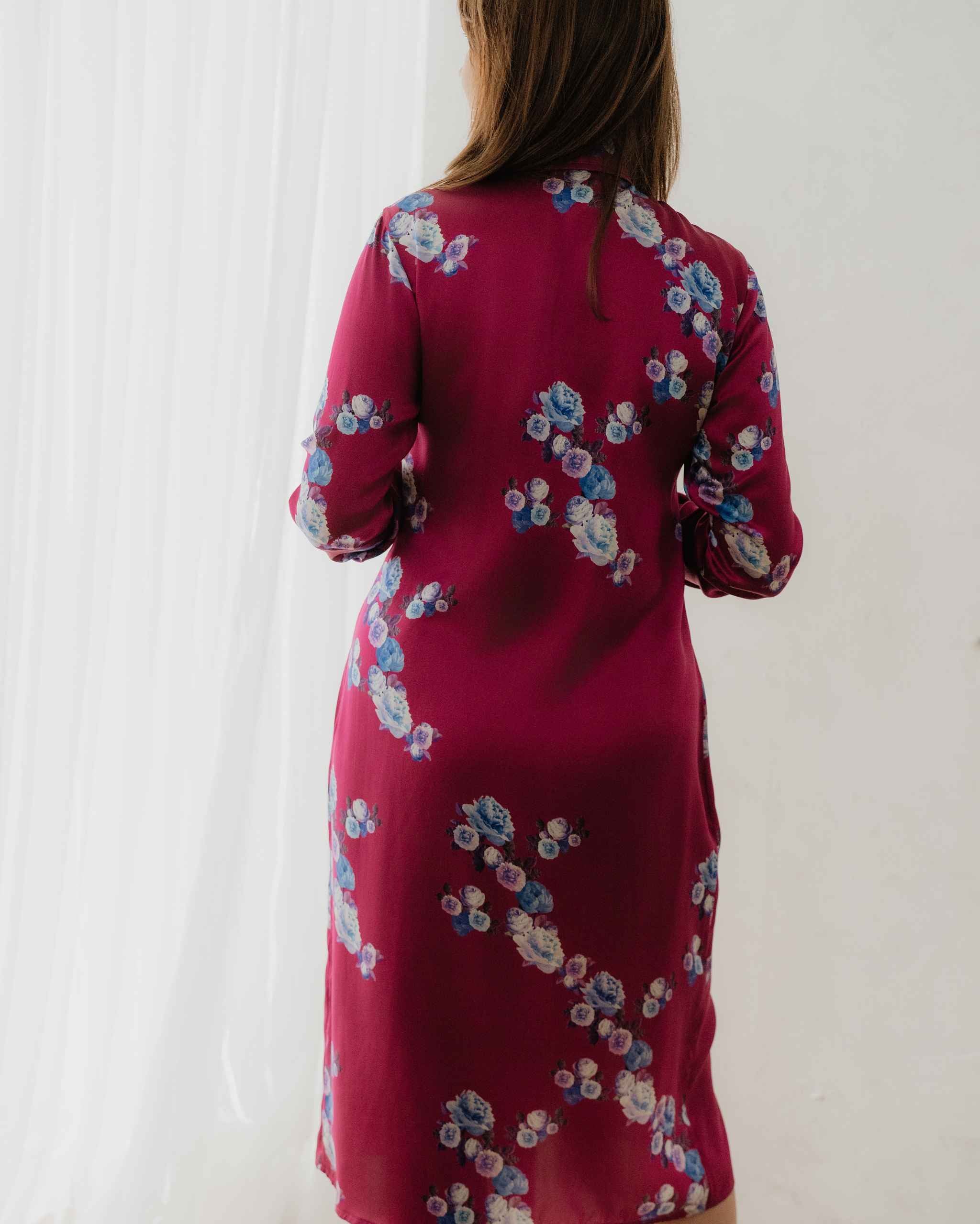 Berry Pink Peony Silk Shirt Dress