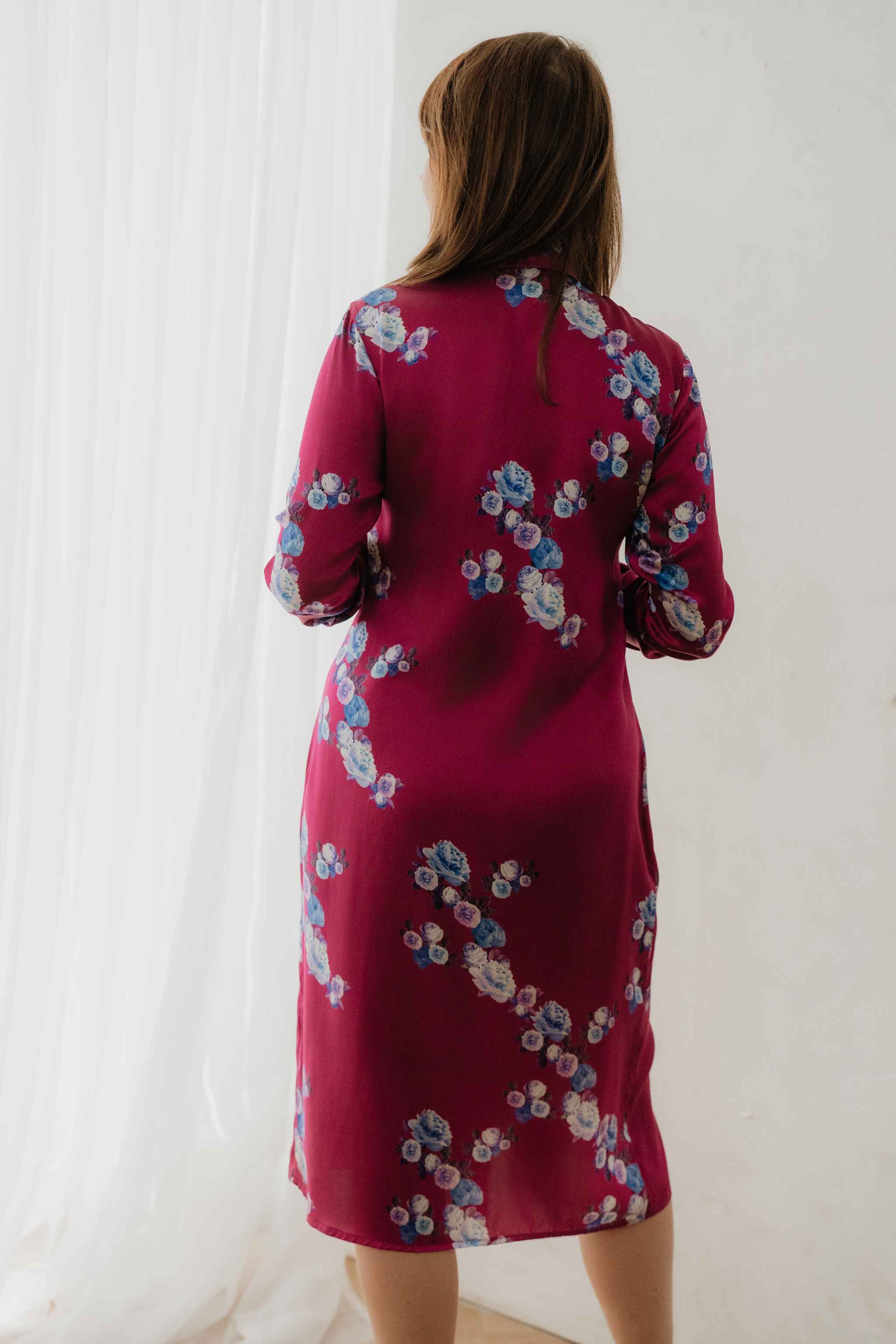 Berry Pink Peony Silk Shirt Dress