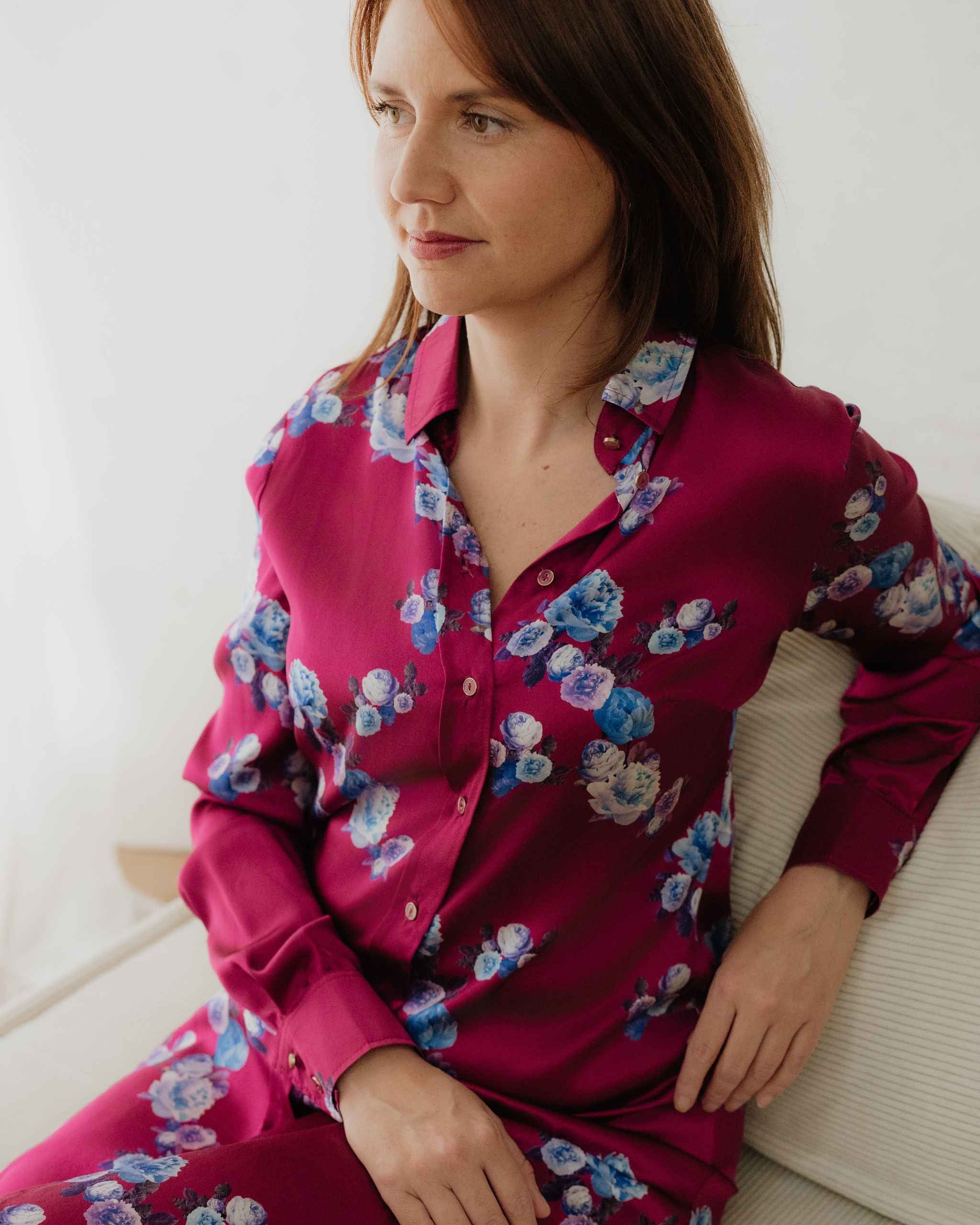 Berry Pink Peony Silk Shirt Dress