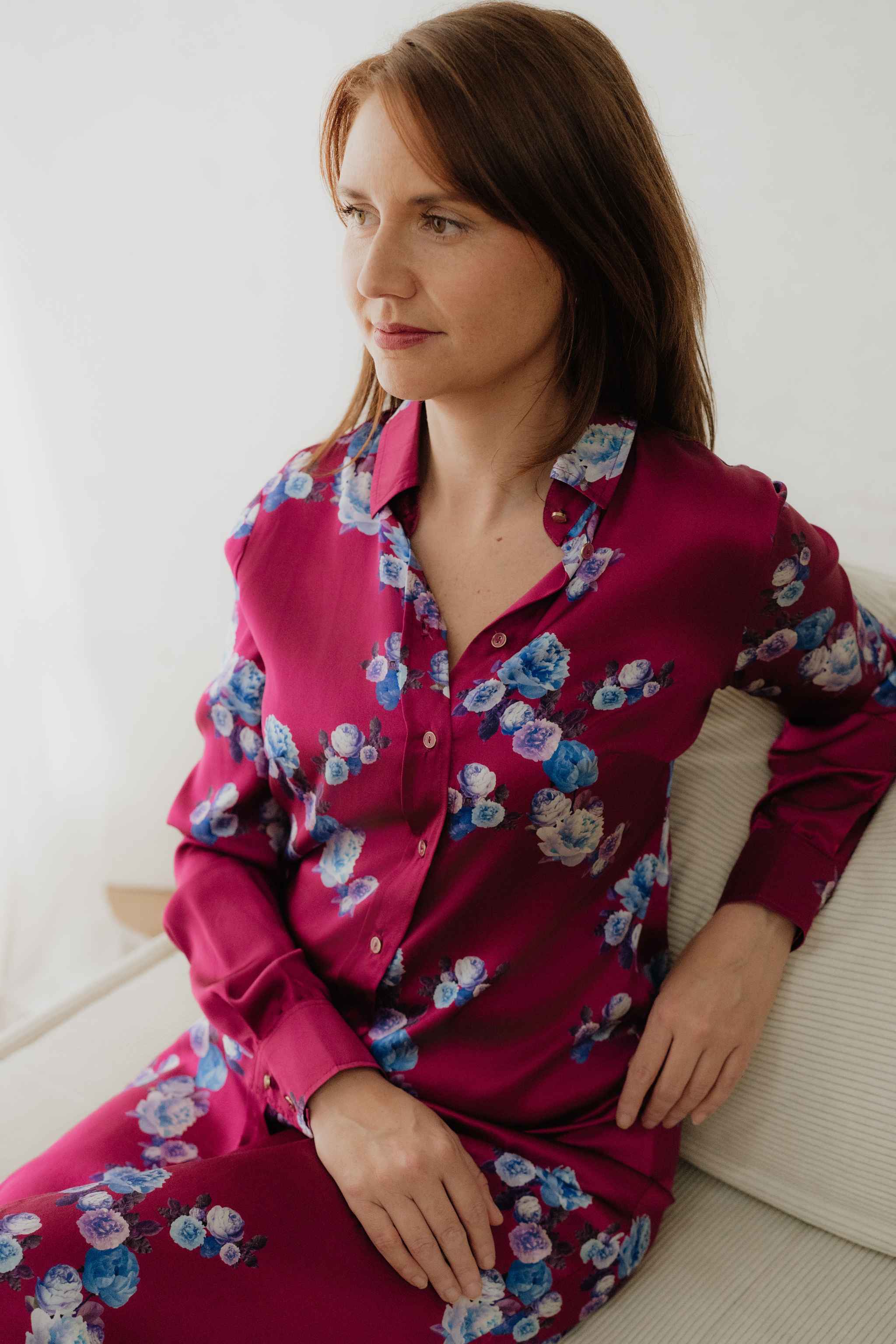 Berry Pink Peony Silk Shirt Dress