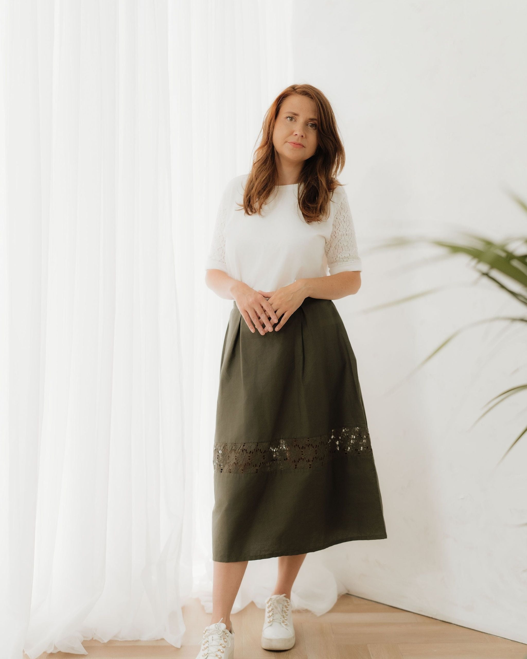 Khaki Green Cotton Midi Skirt