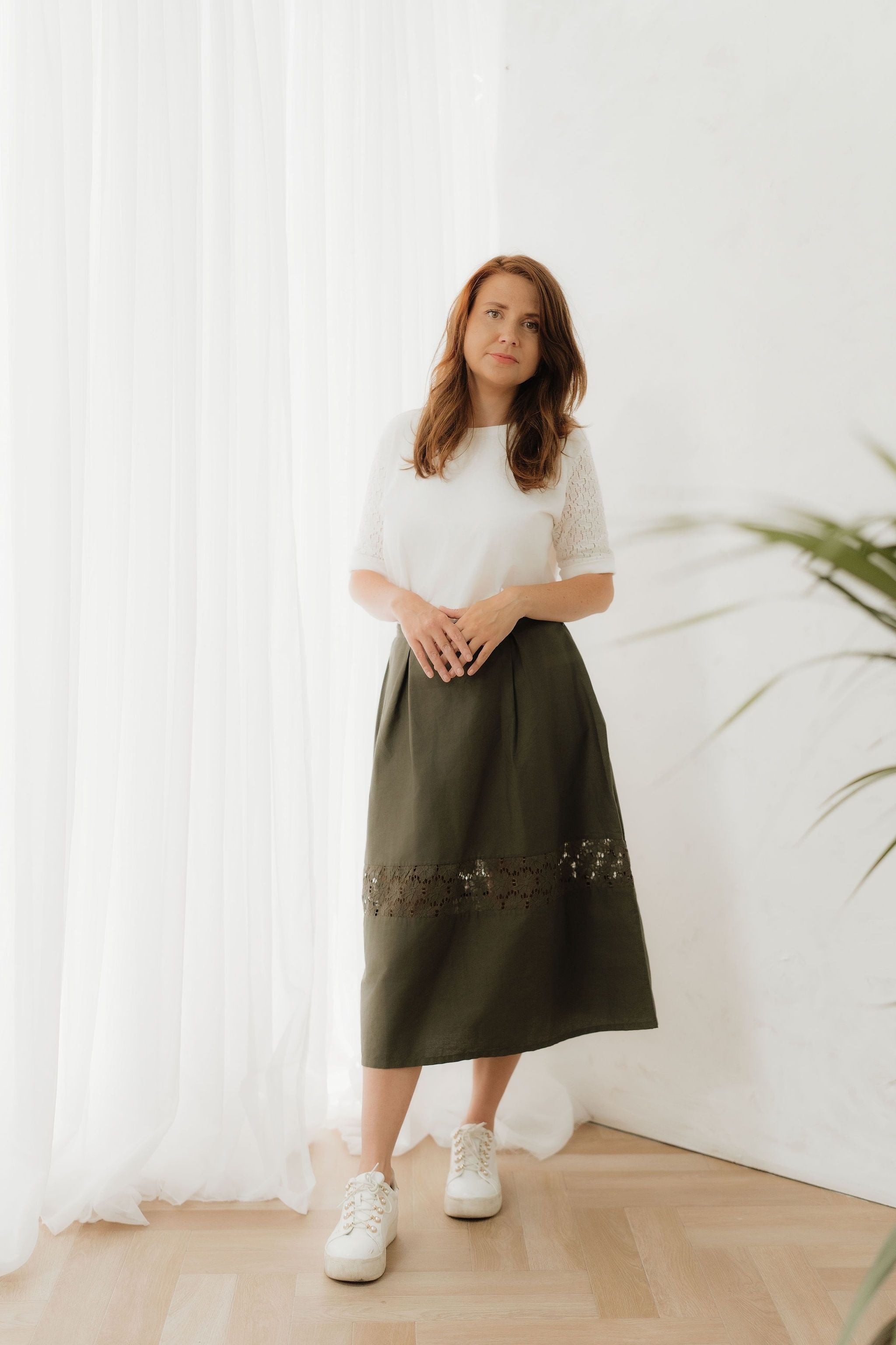 Khaki Green Cotton Midi Skirt