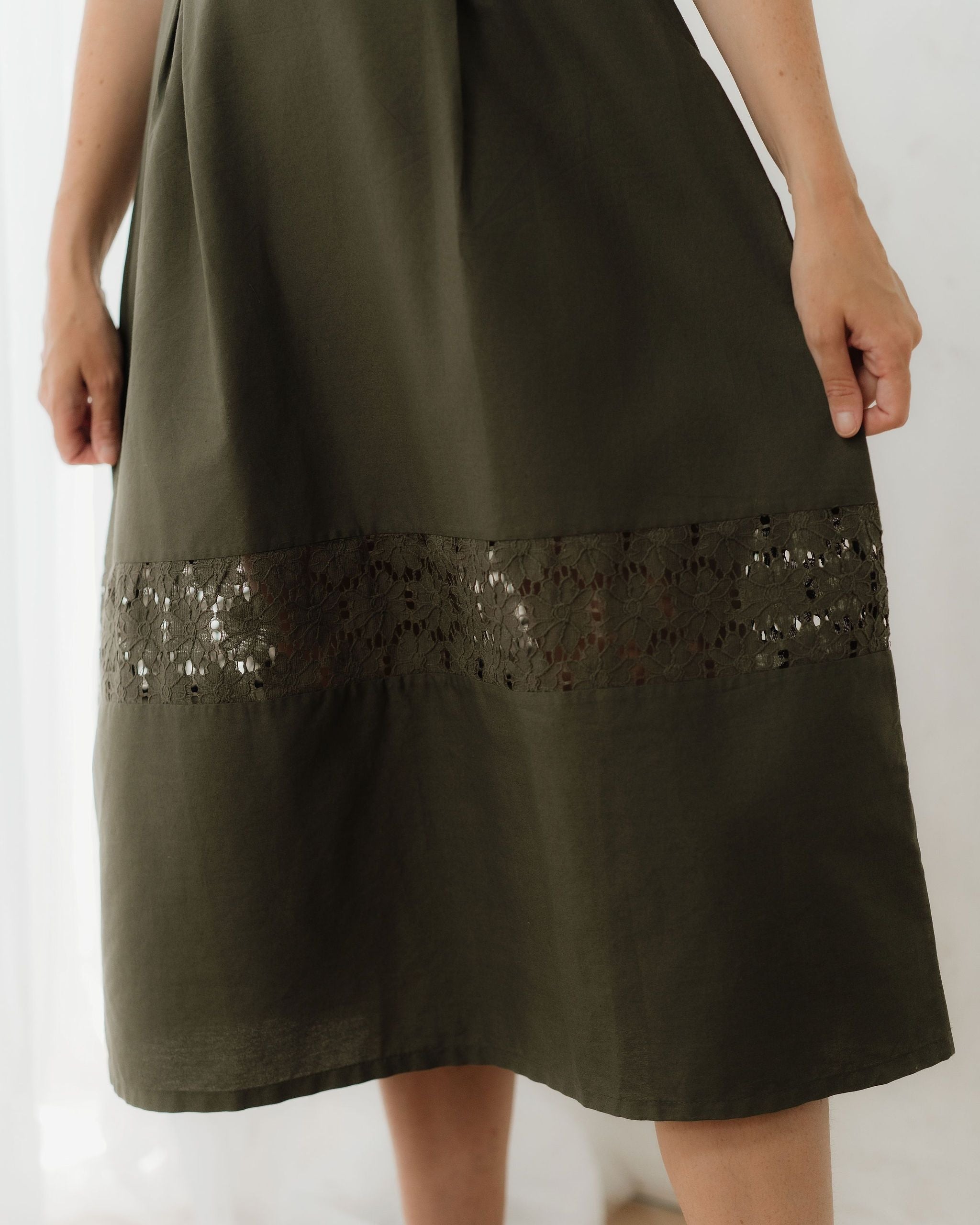 Khaki Green Cotton Midi Skirt