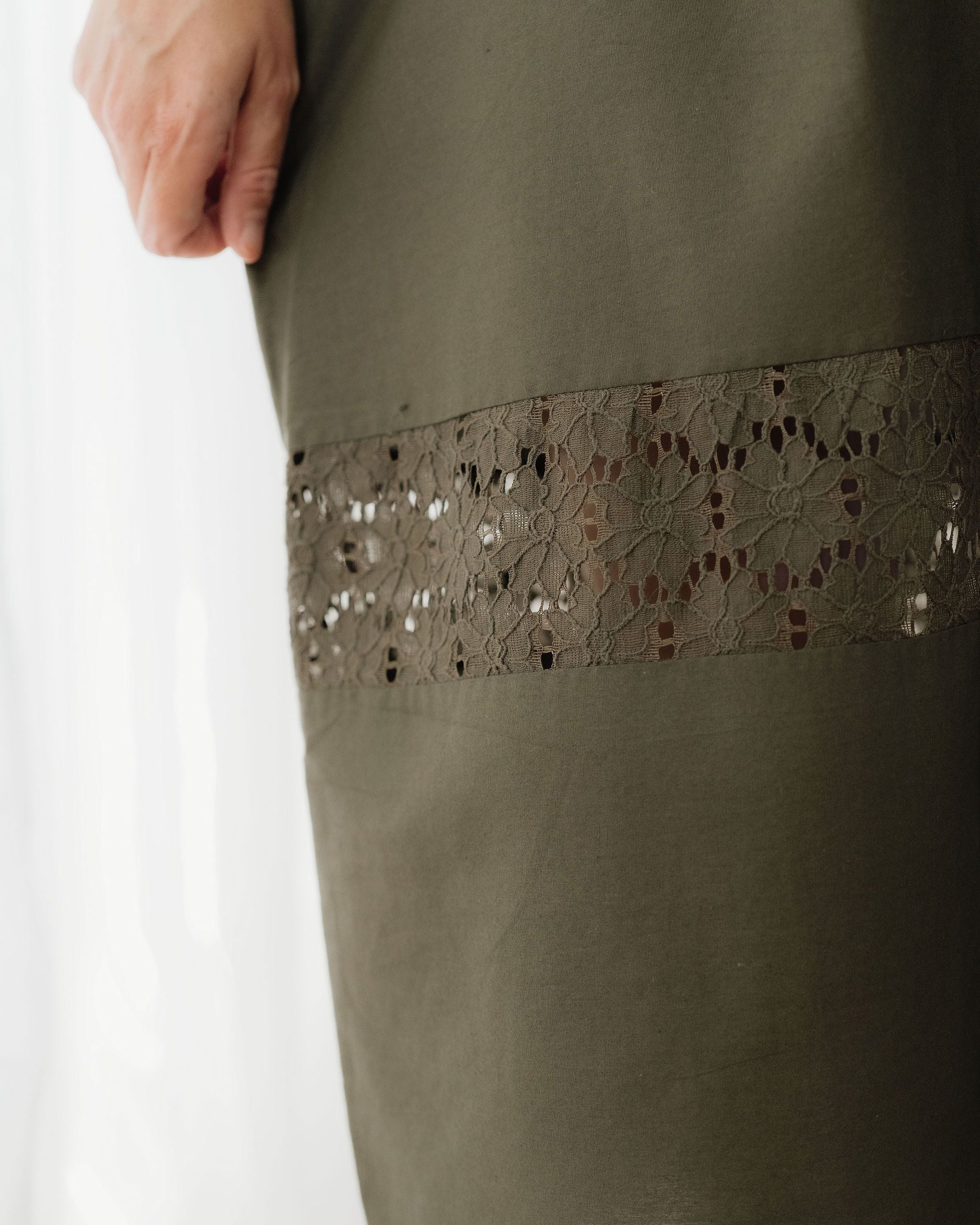 Khaki Green Cotton Midi Skirt