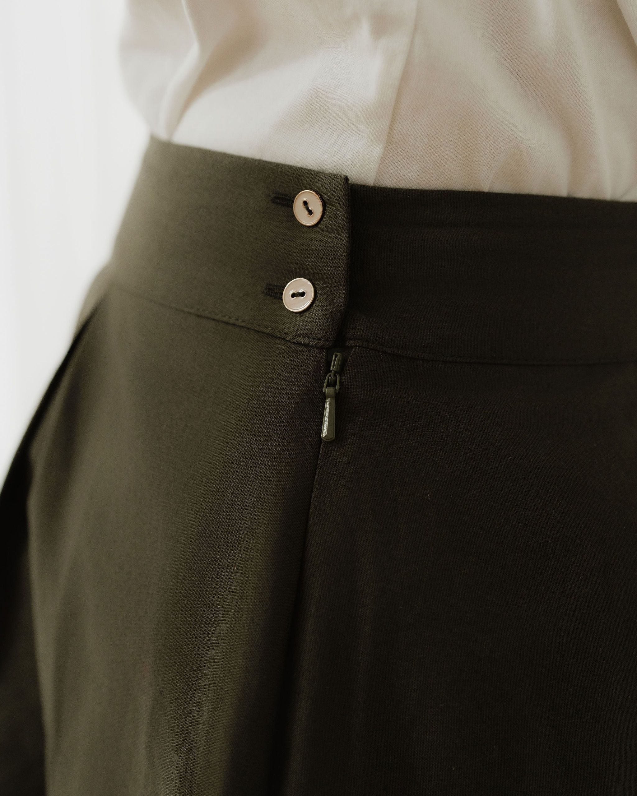 Khaki Green Cotton Midi Skirt