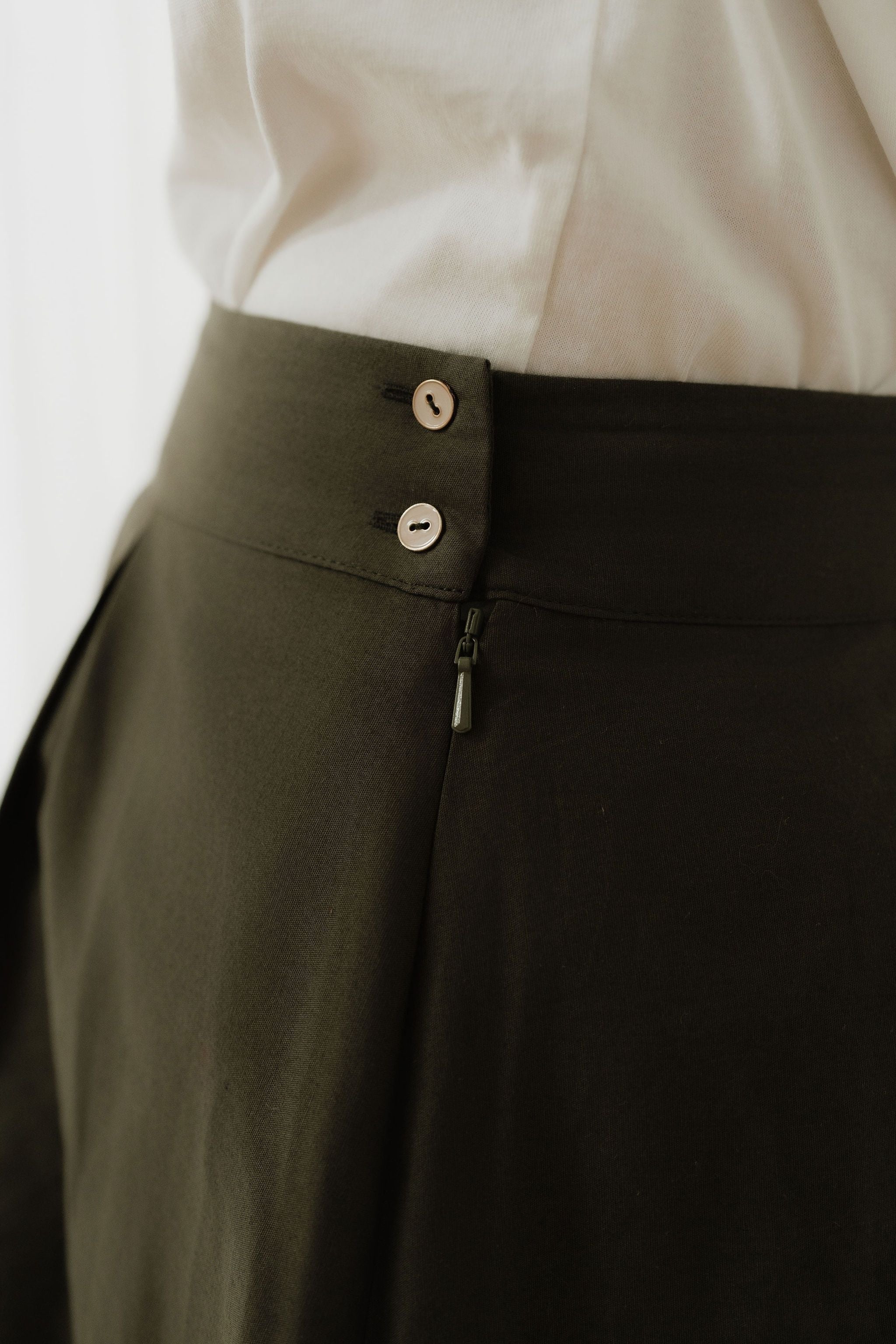 Khaki Green Cotton Midi Skirt