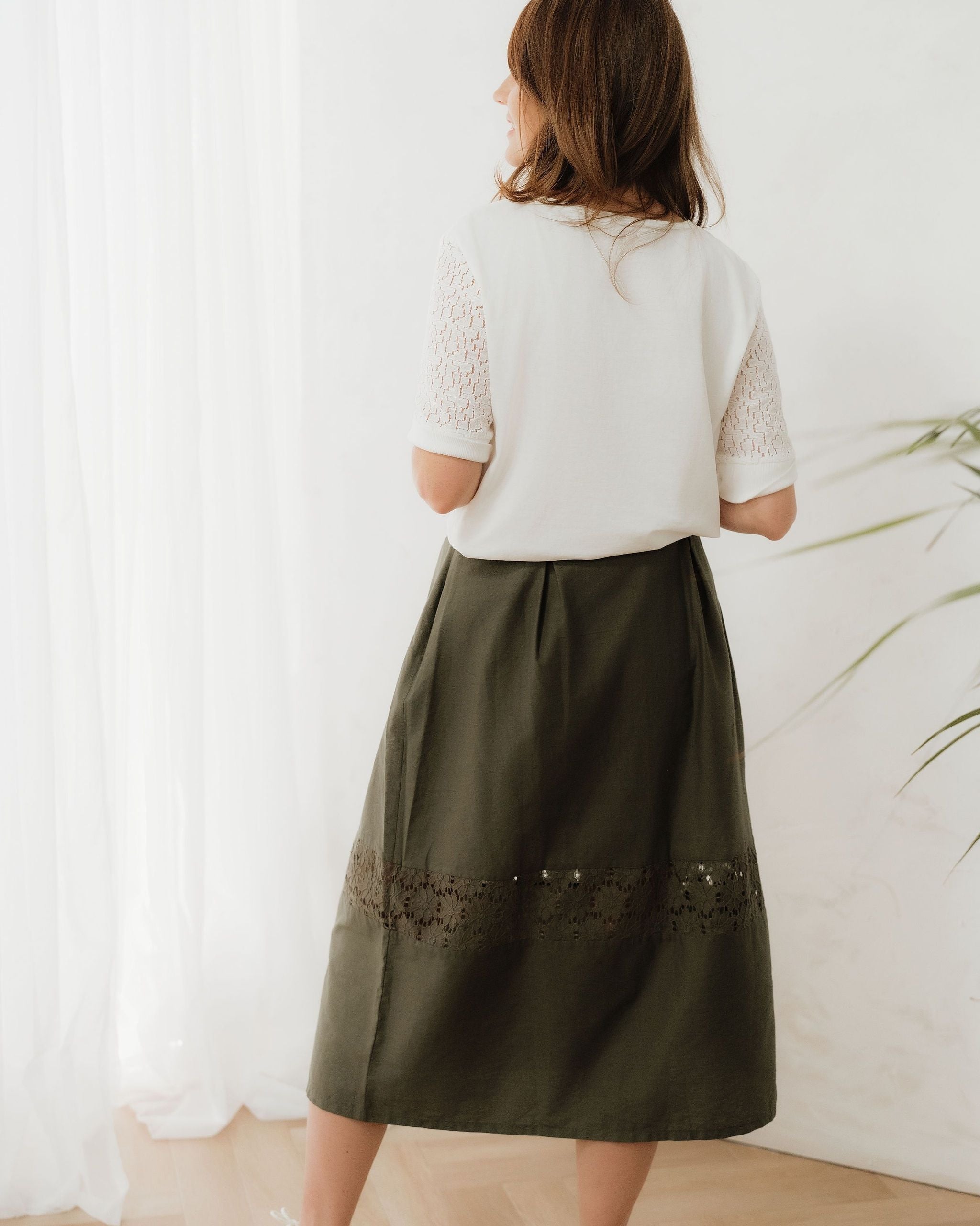 Khaki Green Cotton Midi Skirt