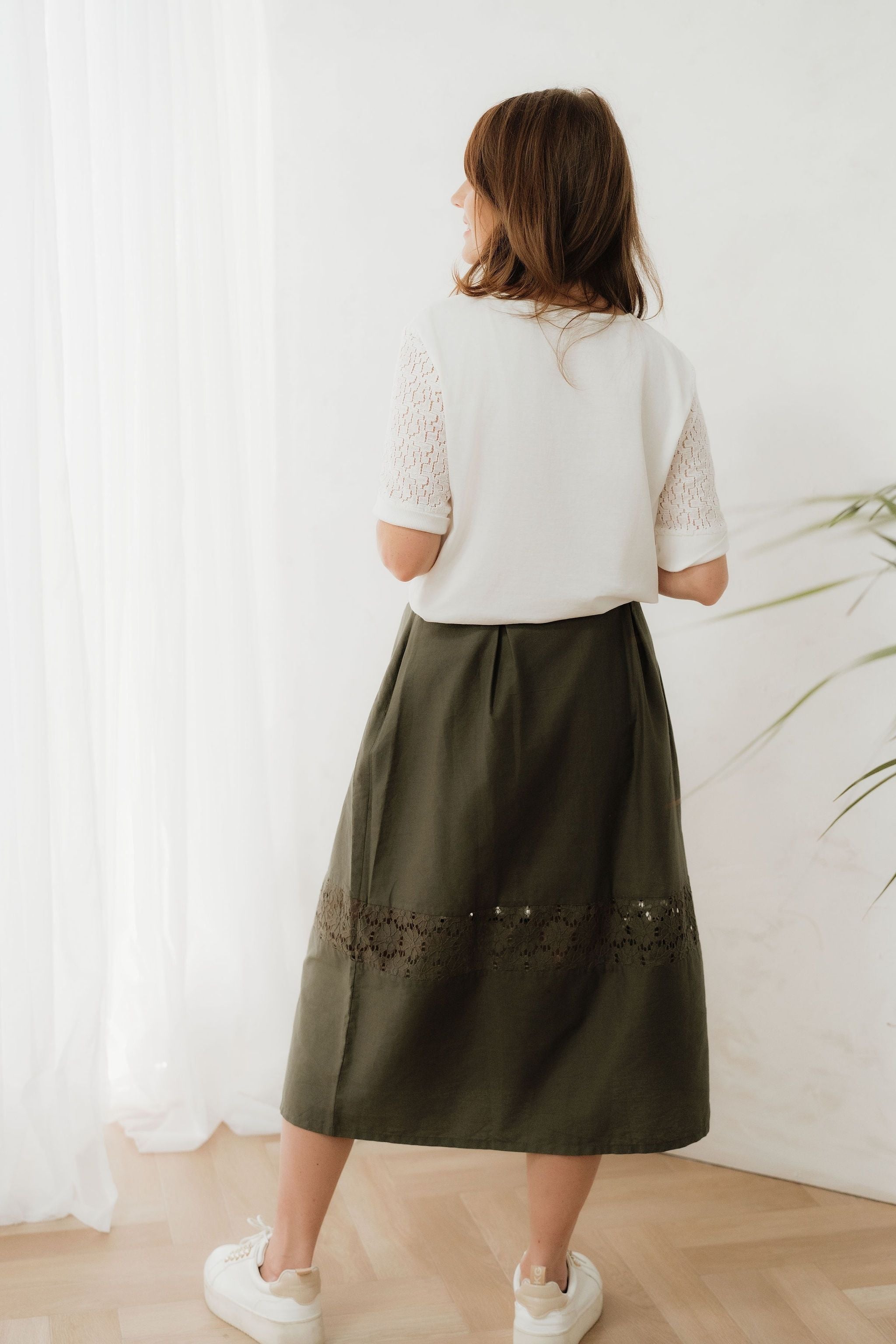 Khaki Green Cotton Midi Skirt