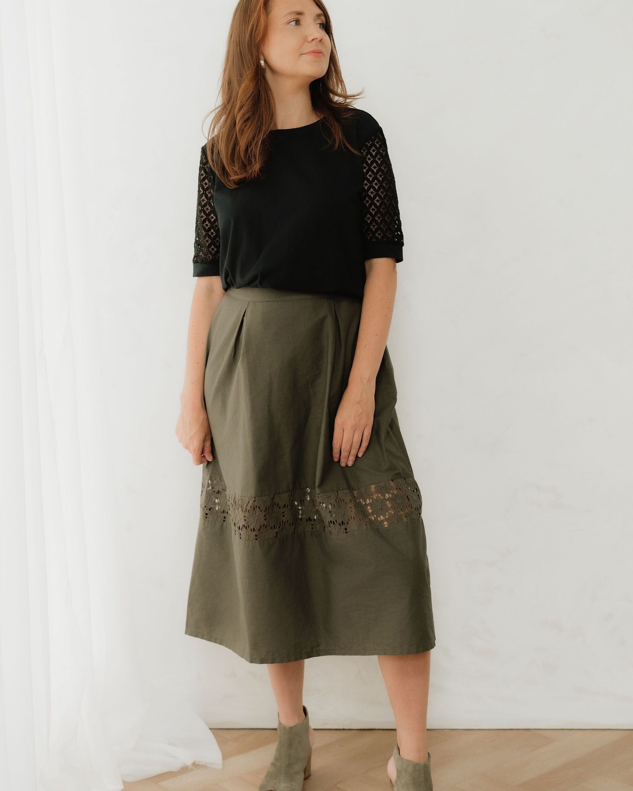 Khaki Green Cotton Midi Skirt