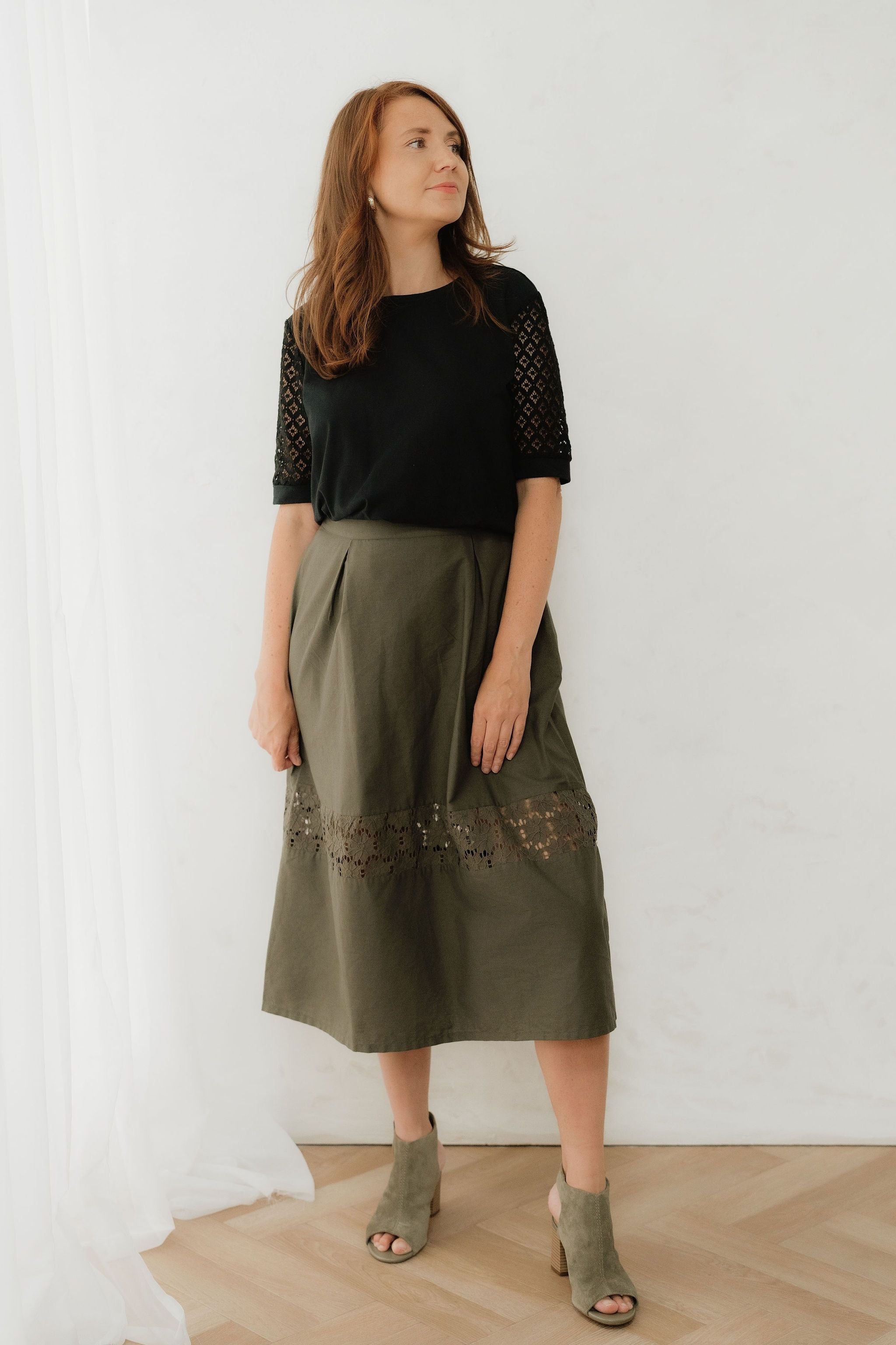 Khaki Green Cotton Midi Skirt