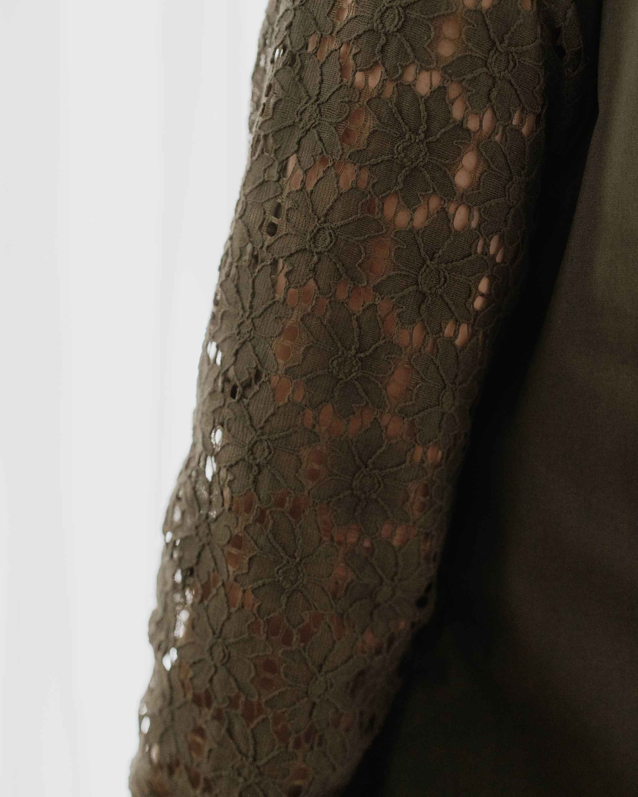 Khaki Green Lace Sleeve Cotton Shirt