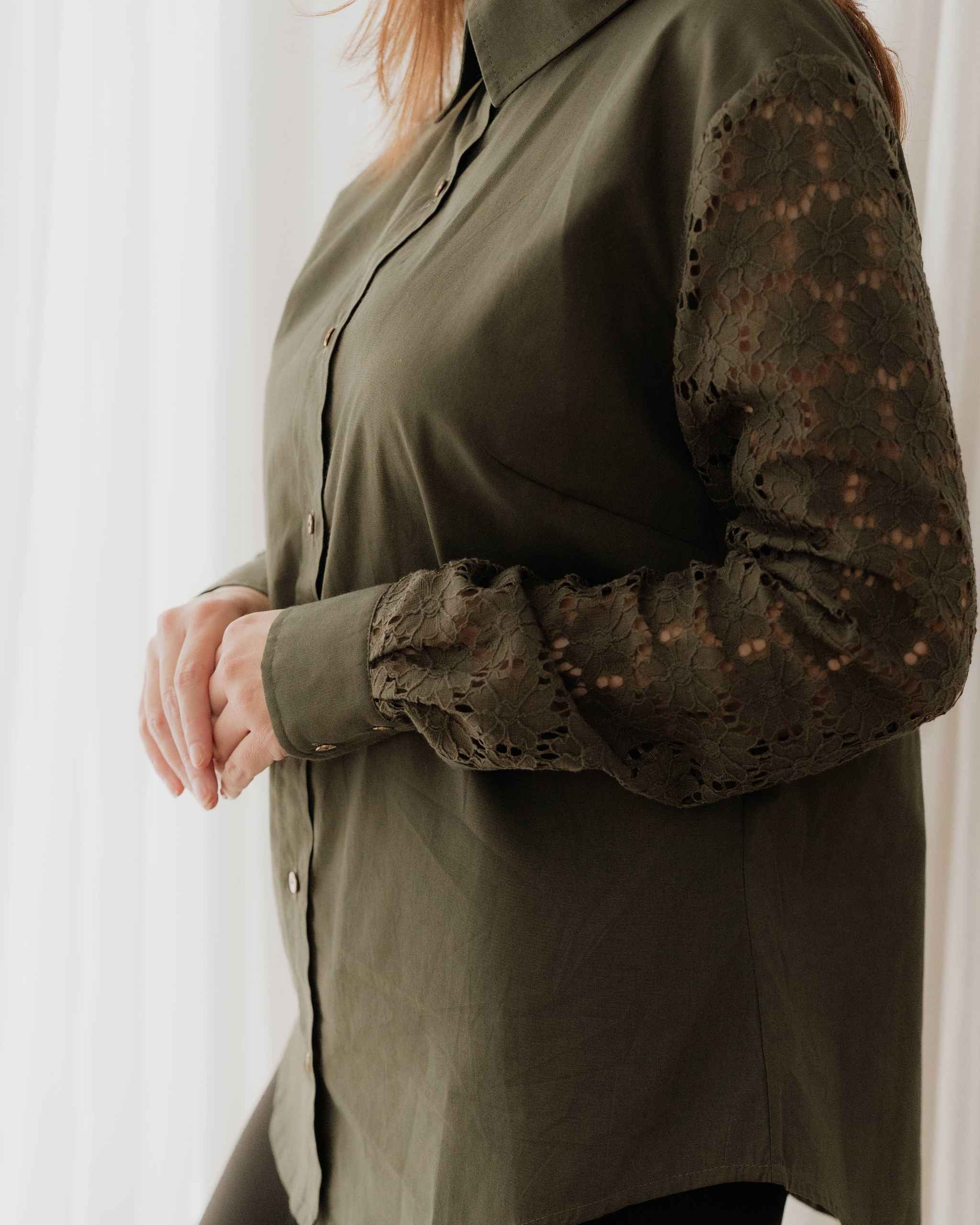 Khaki Green Lace Sleeve Cotton Shirt