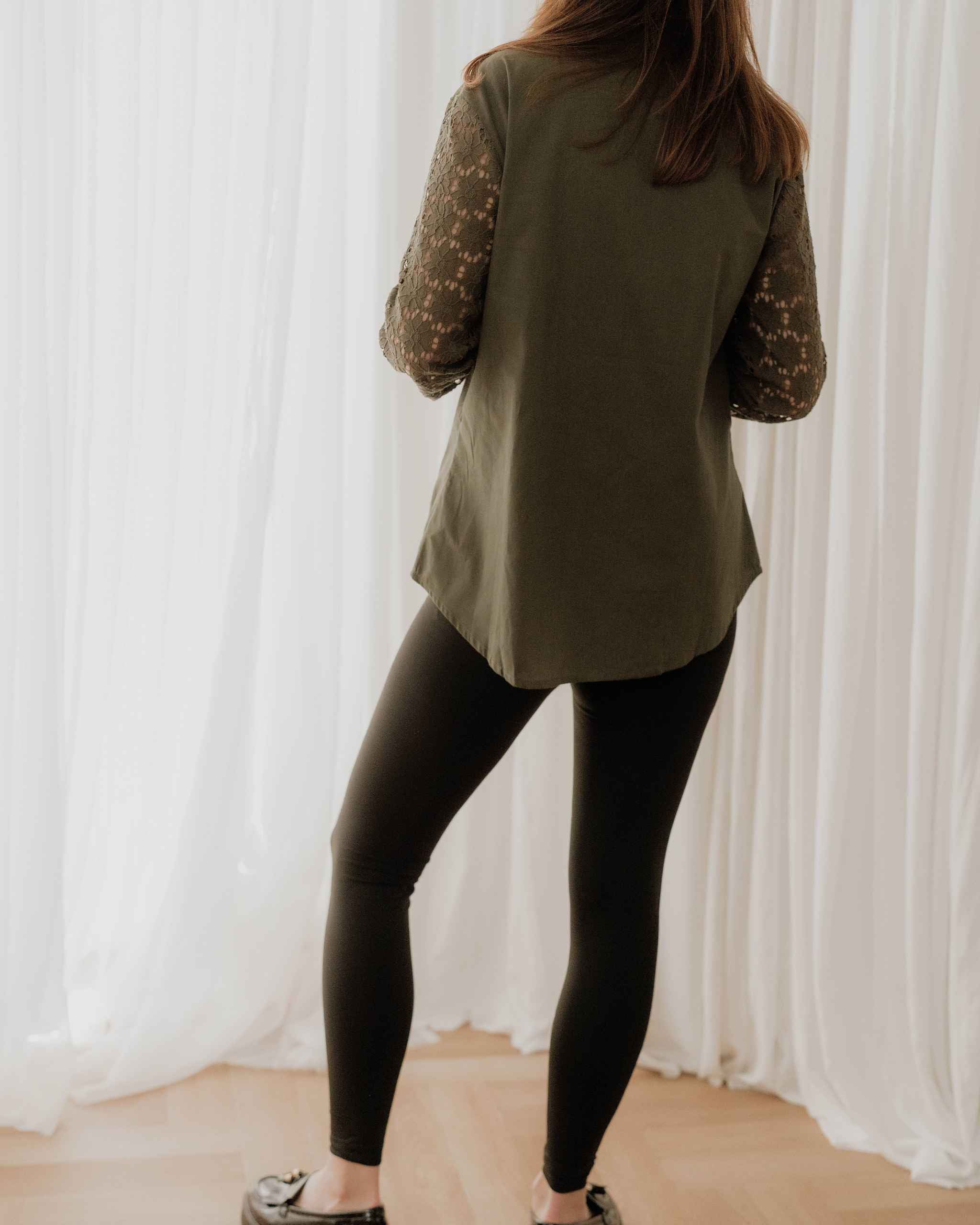 Khaki Green Lace Sleeve Cotton Shirt