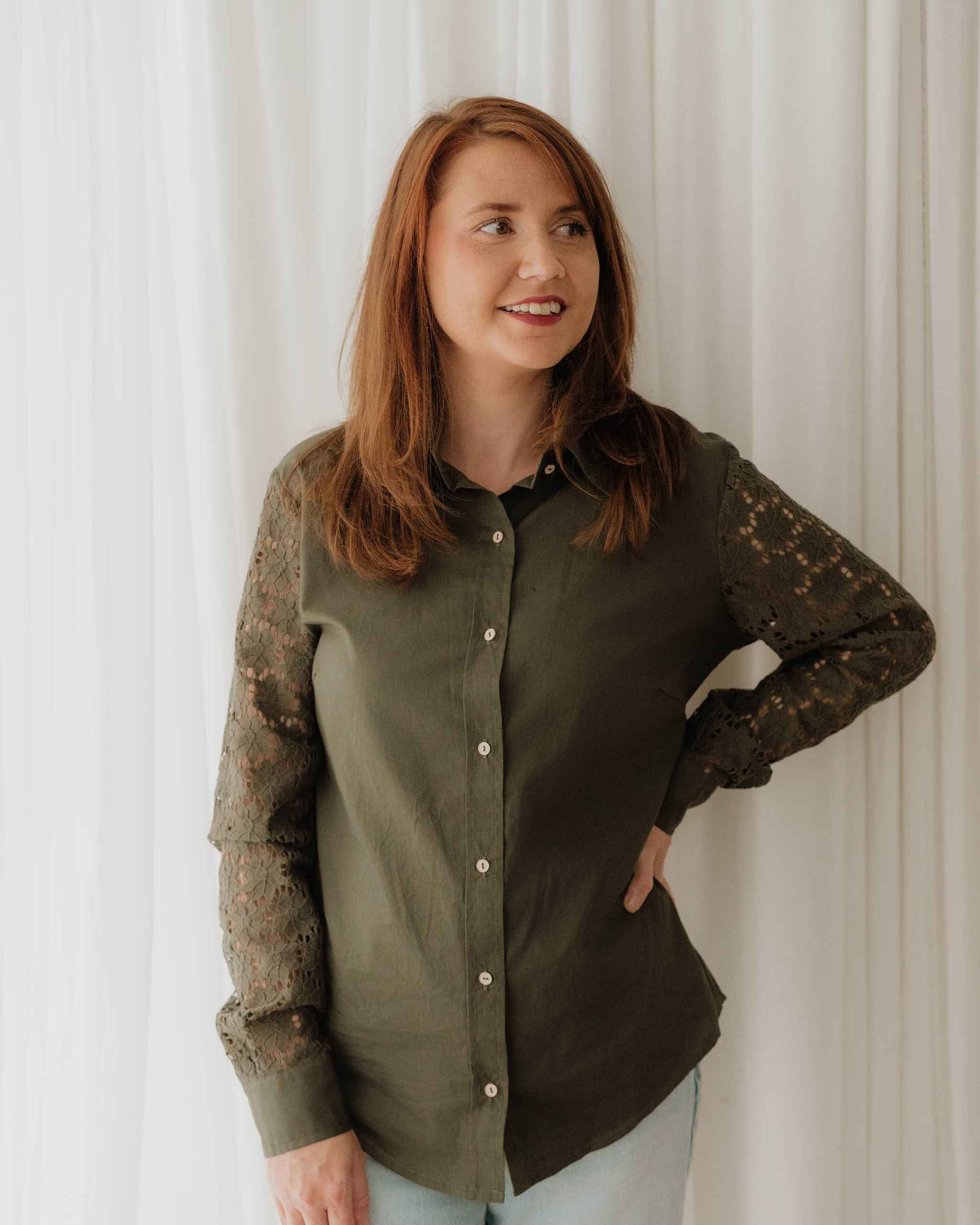 Khaki Green Lace Sleeve Cotton Shirt