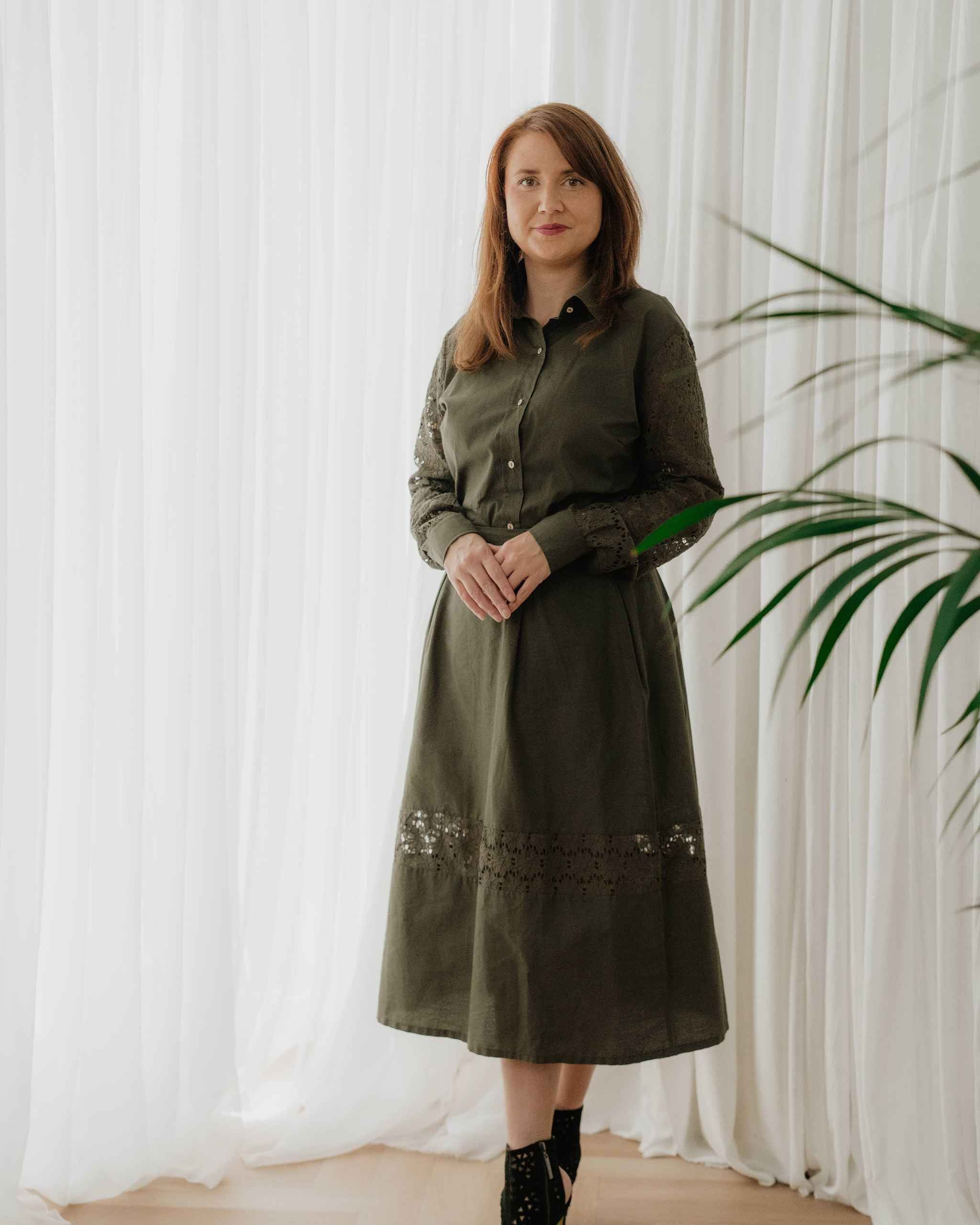 Khaki Green Lace Sleeve Cotton Shirt