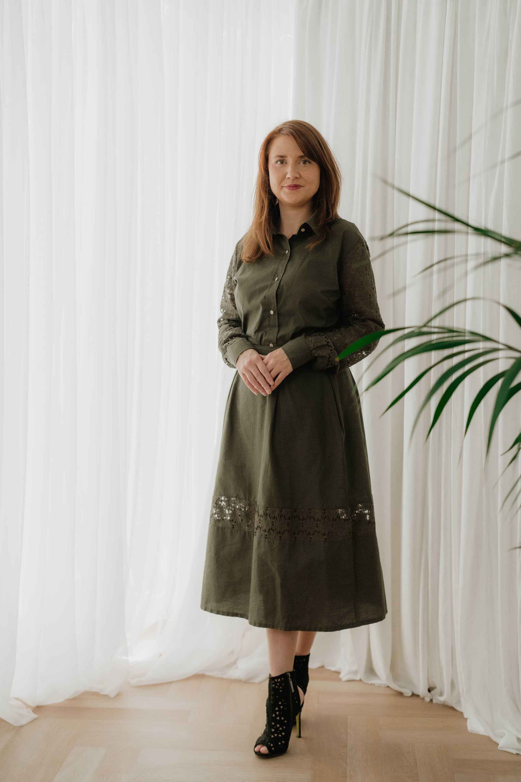 Khaki Green Lace Sleeve Cotton Shirt