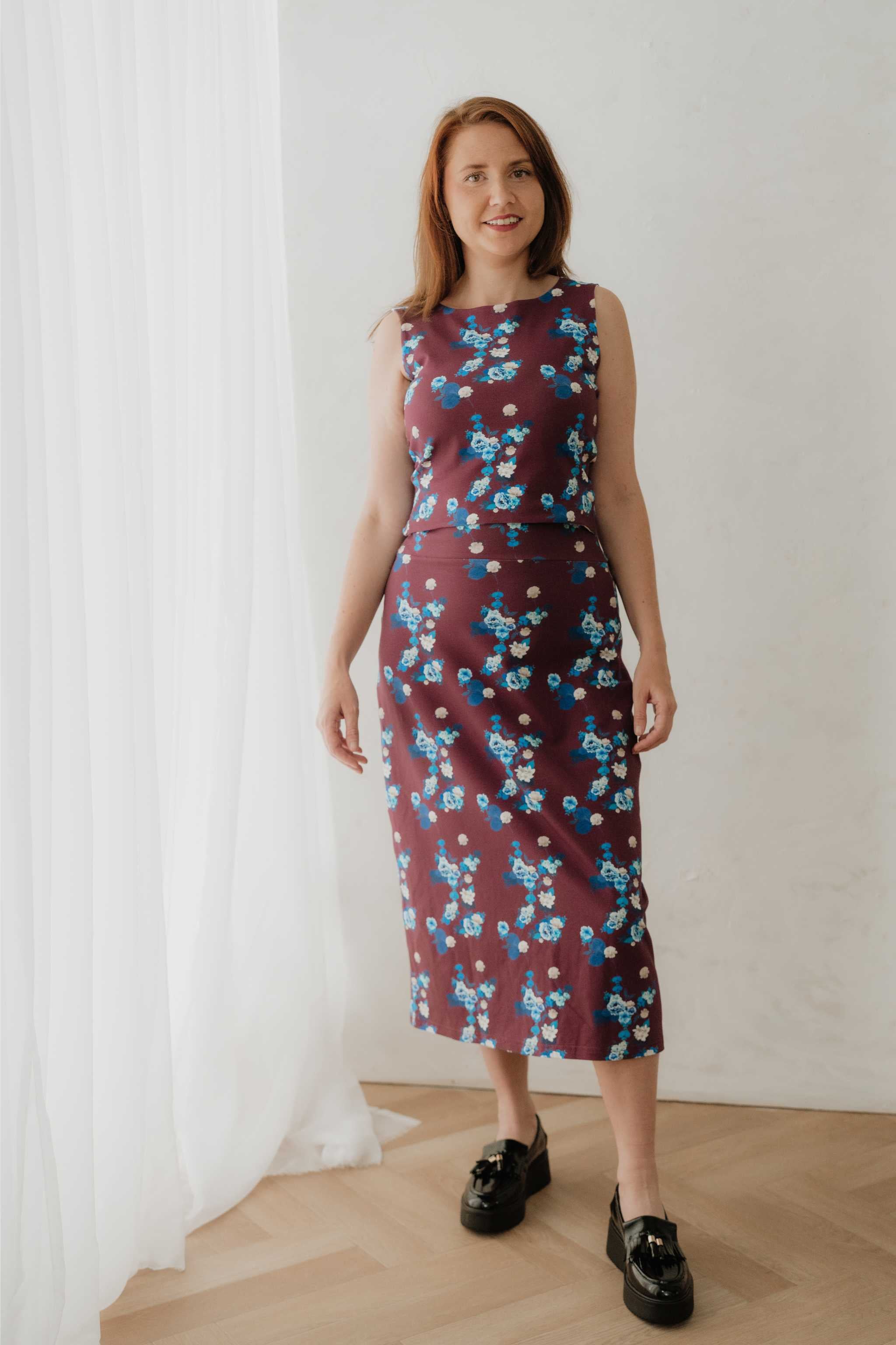 Maroon Floral Jersey Midi Skirt