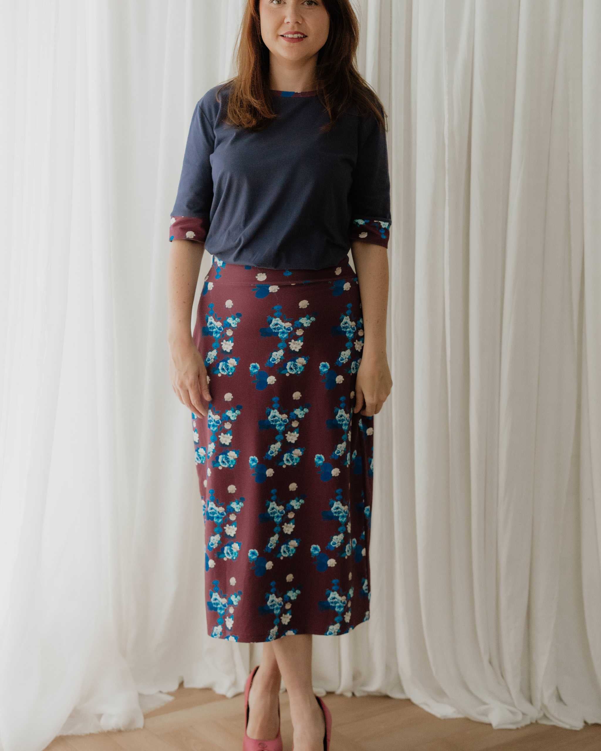 Maroon Floral Jersey Midi Skirt