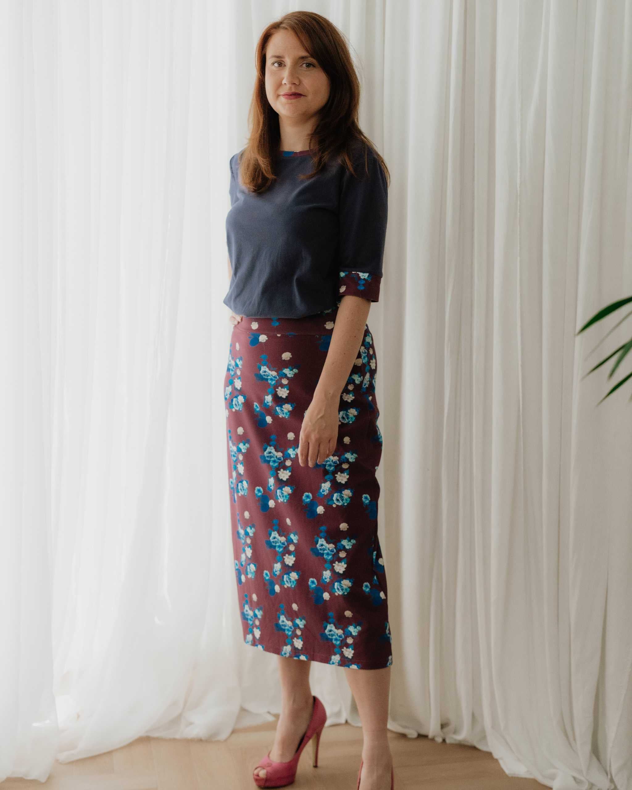 Maroon Floral Jersey Midi Skirt