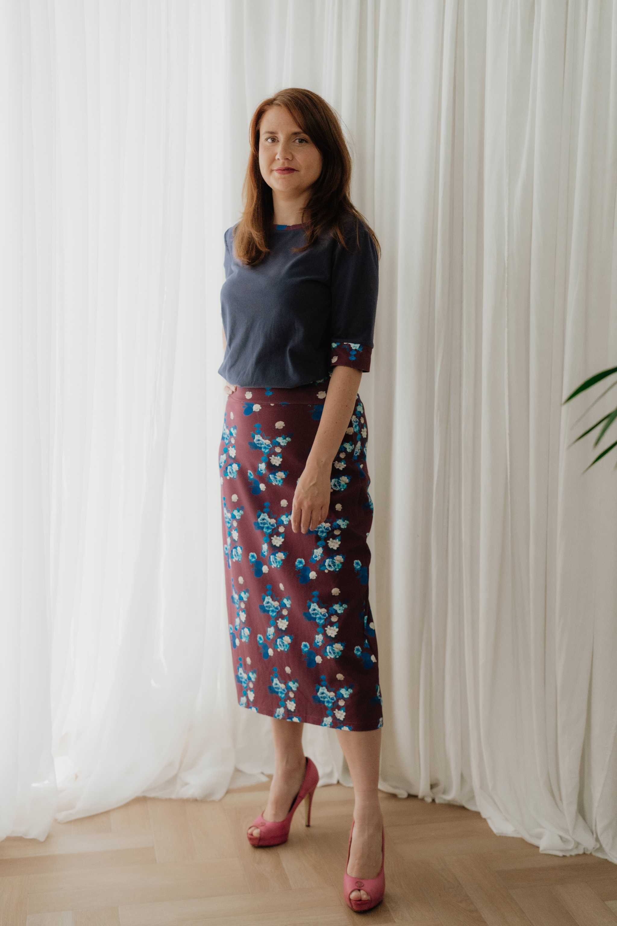 Maroon Floral Jersey Midi Skirt