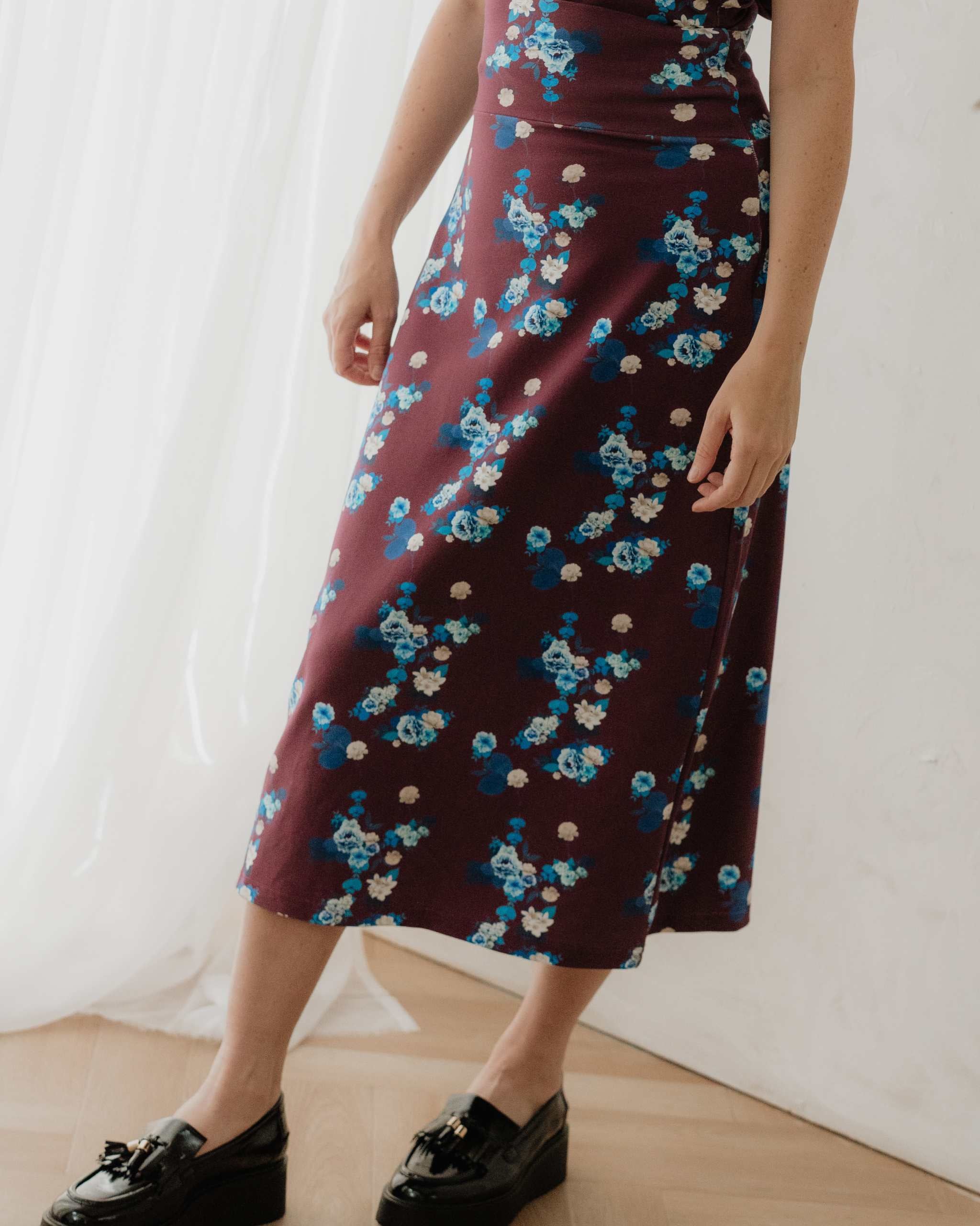 Maroon Floral Jersey Midi Skirt