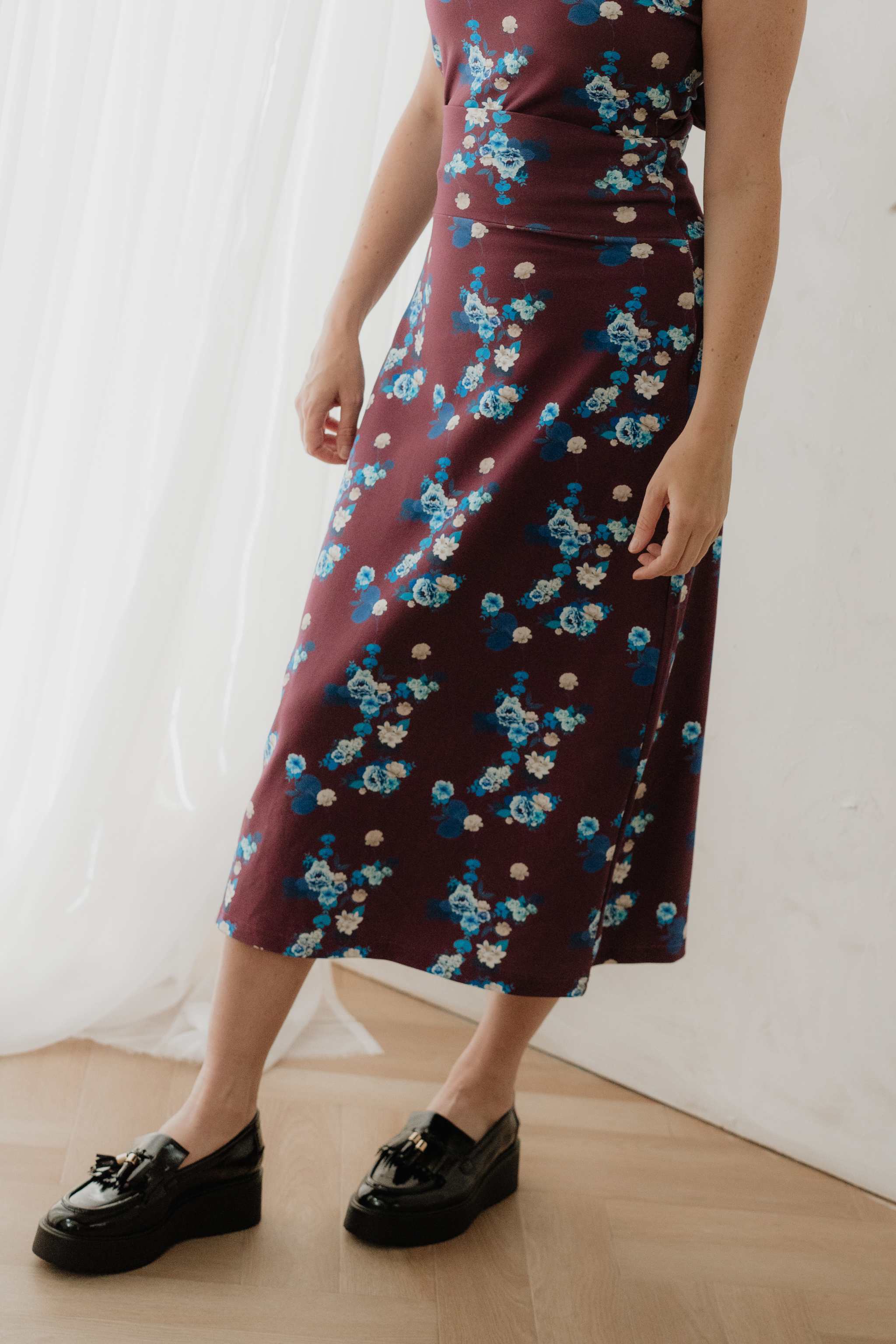 Maroon Floral Jersey Midi Skirt