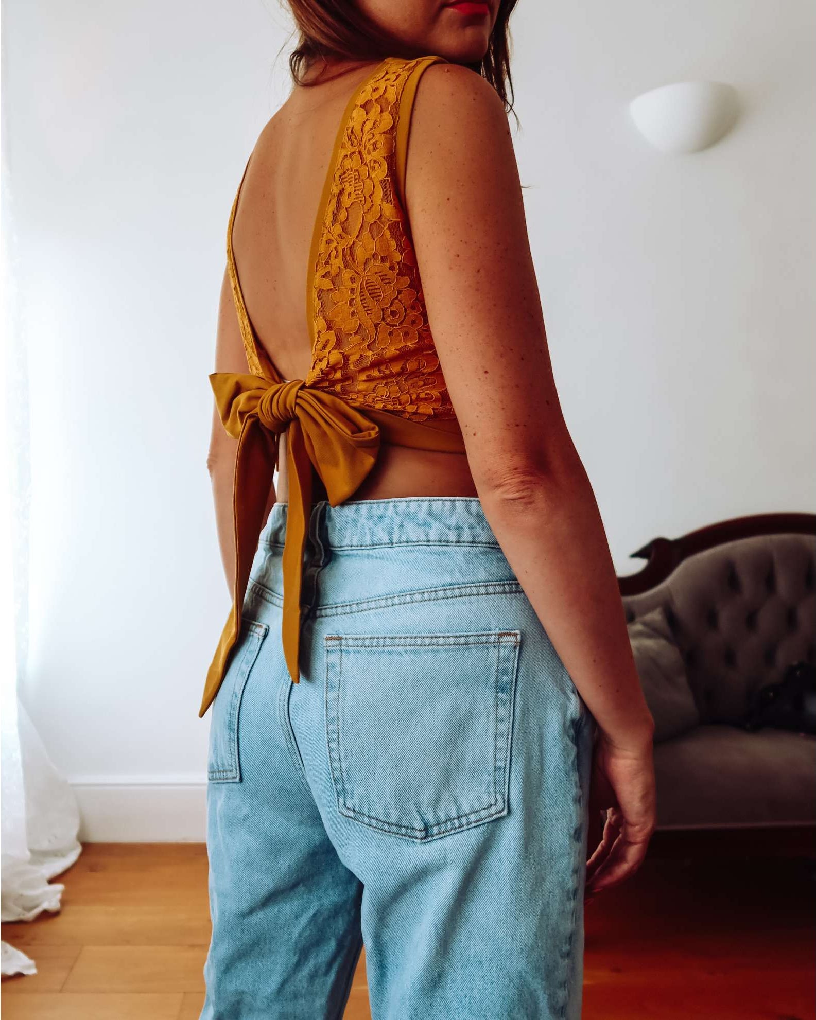 Mustard Yellow Lace Back Crop Top Sophie Cameron Davies