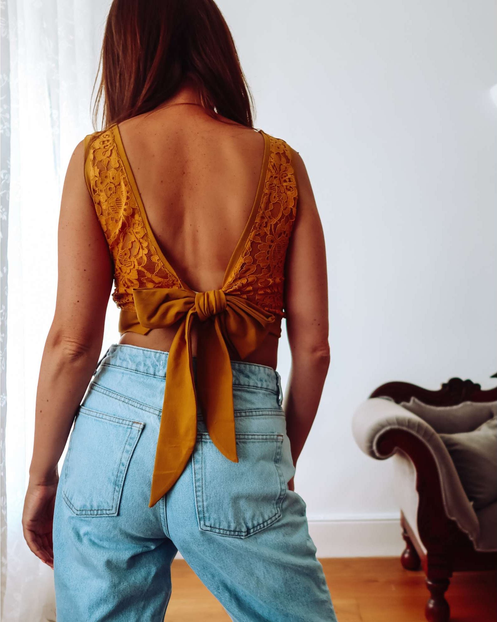 Mustard Yellow Lace Back Crop Top Sophie Cameron Davies