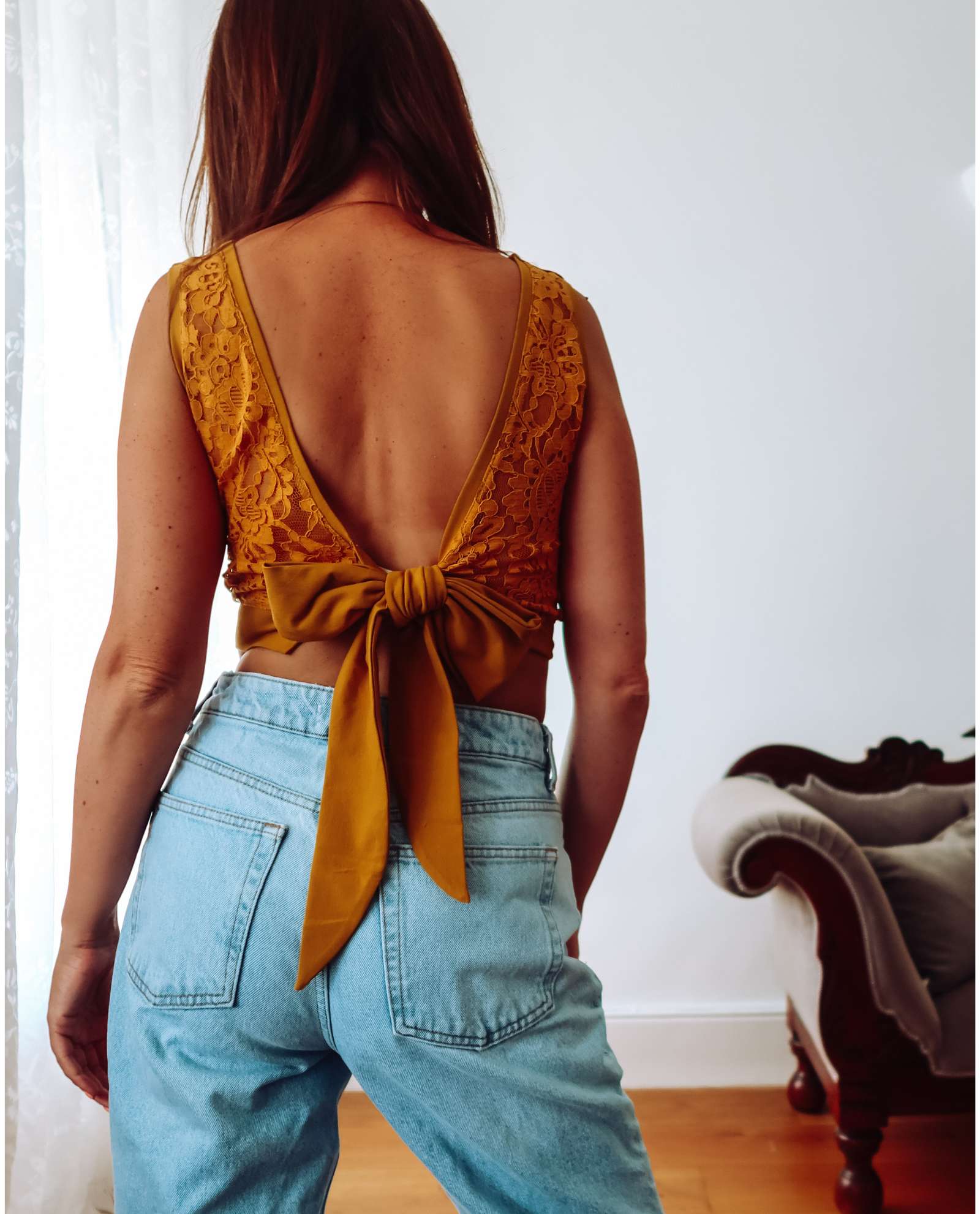 Mustard Yellow Lace Back Crop Top Sophie Cameron Davies