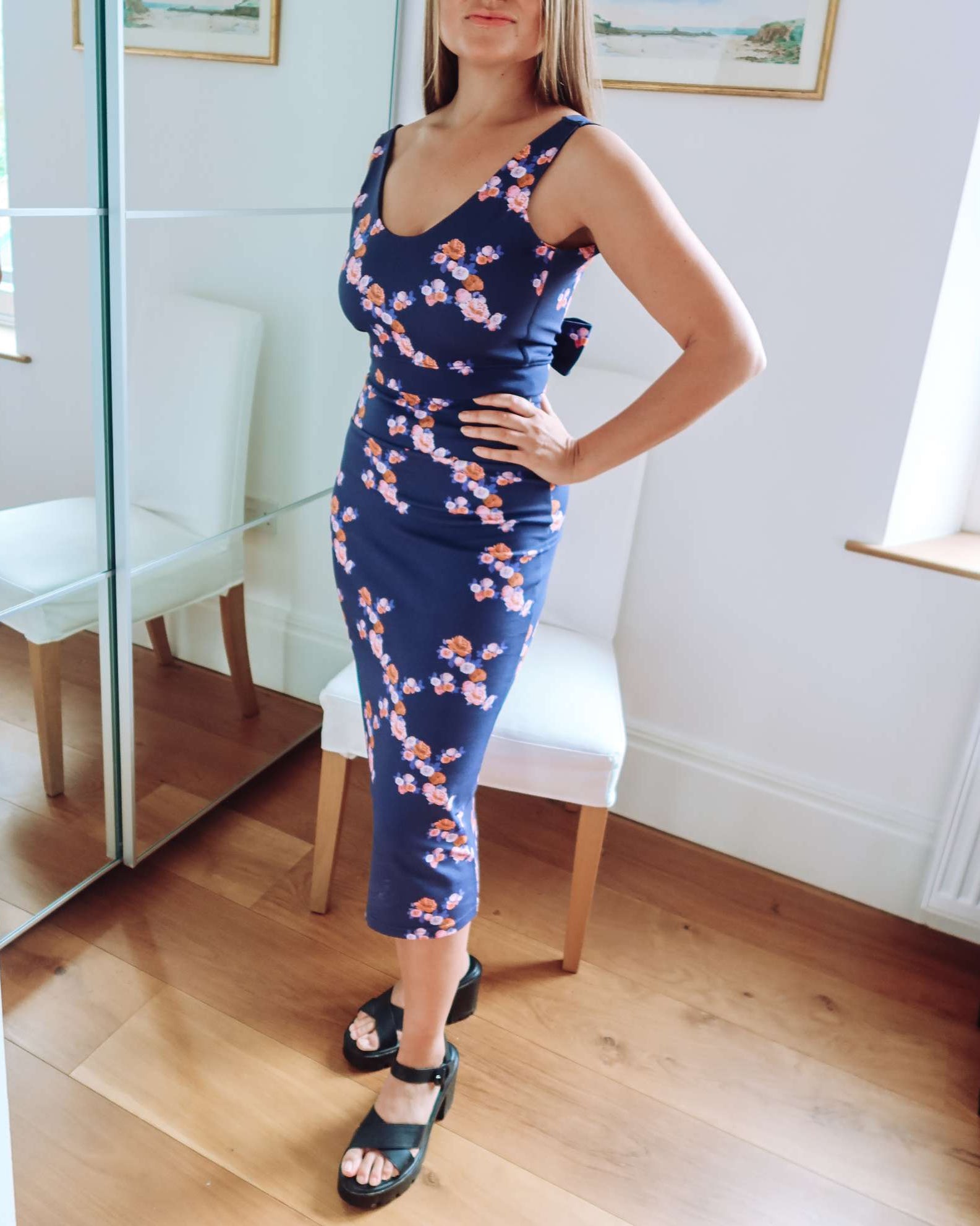 Navy Blue Floral Midi Jersey Skirt Sophie Cameron Davies