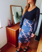 Navy Blue Floral Midi Jersey Skirt Sophie Cameron Davies