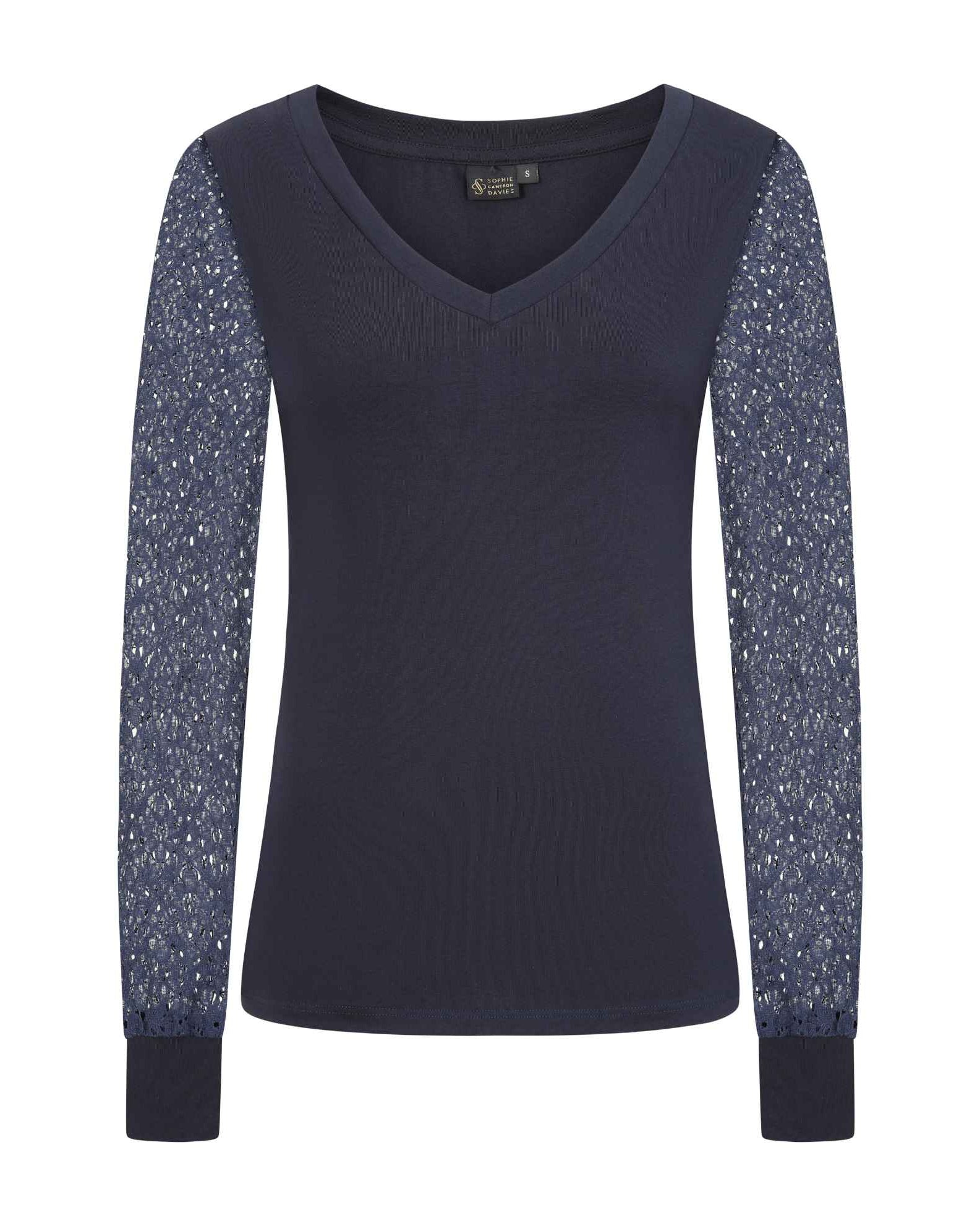 Navy Blue V-Neck Lace Sleeve Top Sophie Cameron Davies