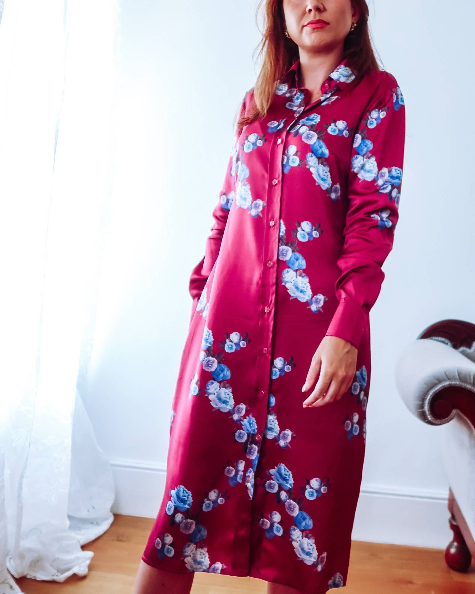 Pink Peony Silk Shirt Dress