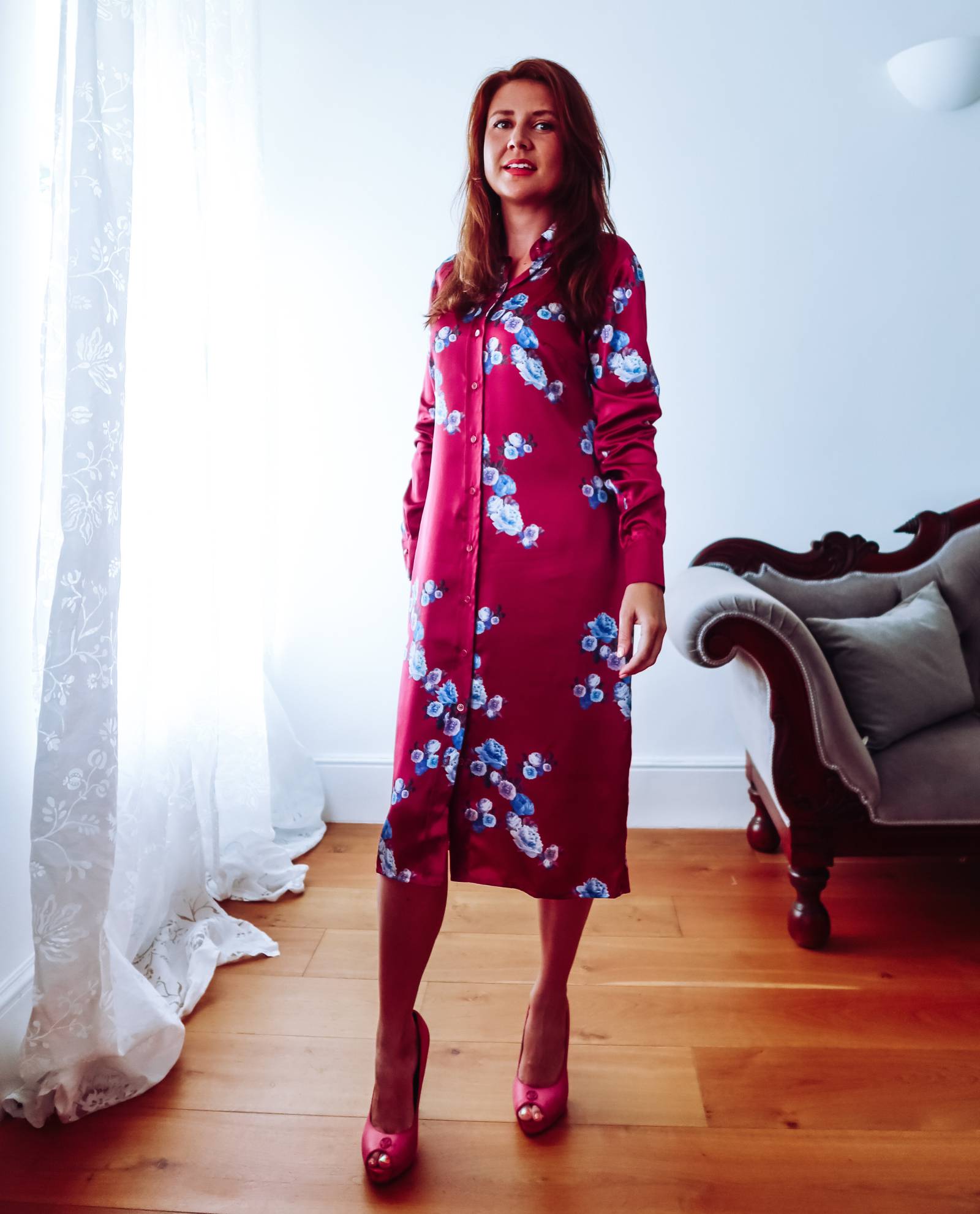 Pink Peony Silk Shirt Dress