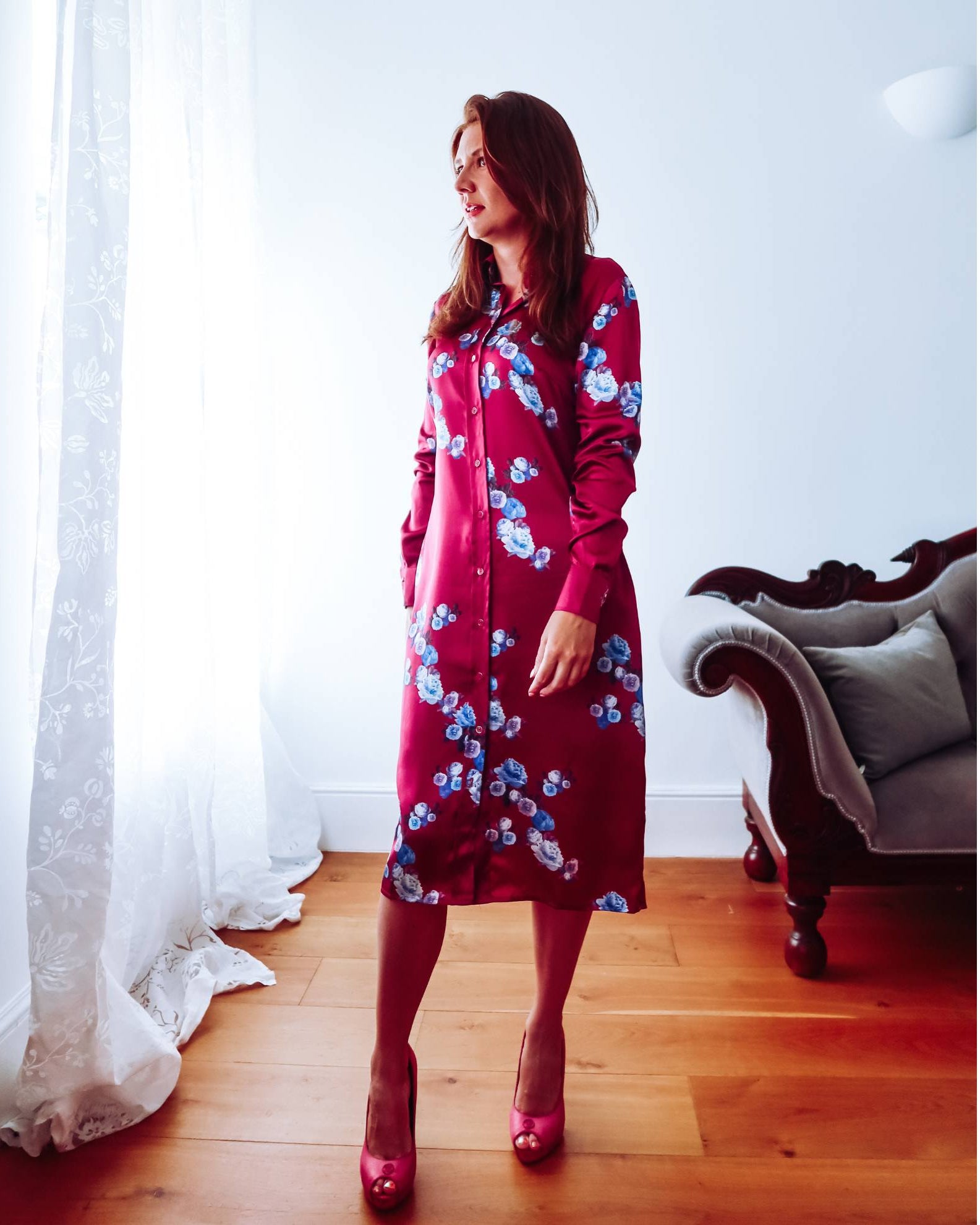 Pink Peony Silk Shirt Dress