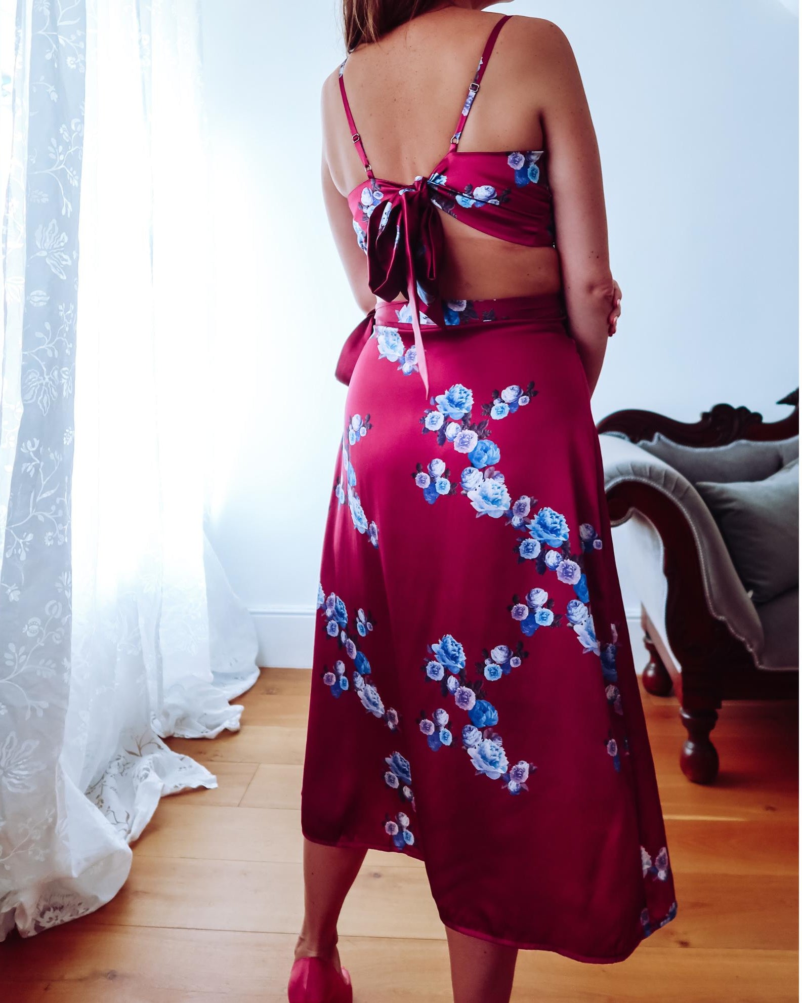 Berry Pink Floral Silk Crop Top