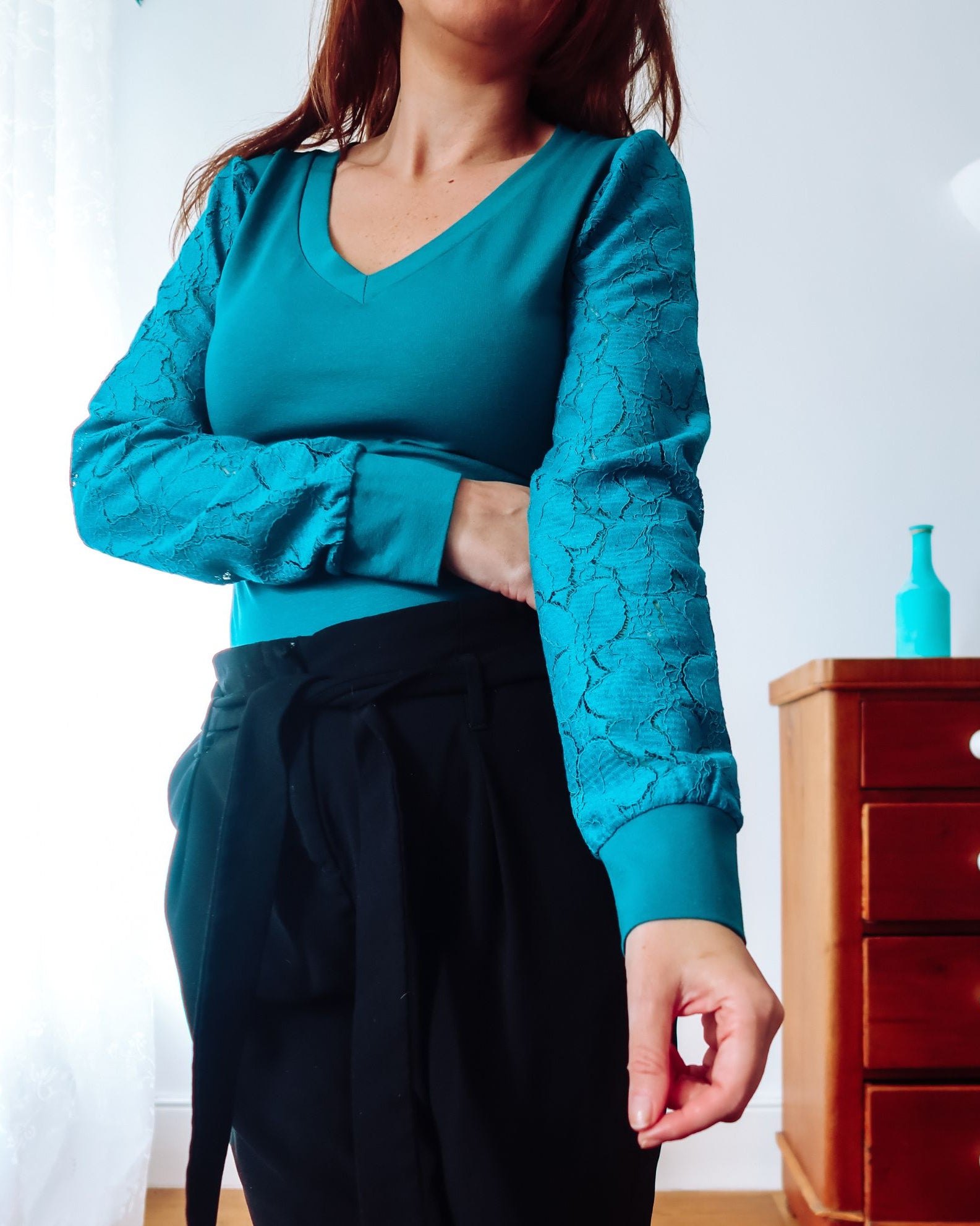 Teal V-Neck Lace Sleeve Top Sophie Cameron Davies