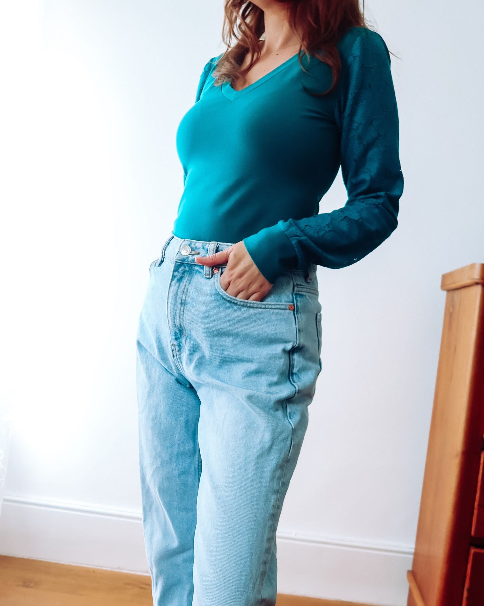 Teal V-Neck Lace Sleeve Top Sophie Cameron Davies