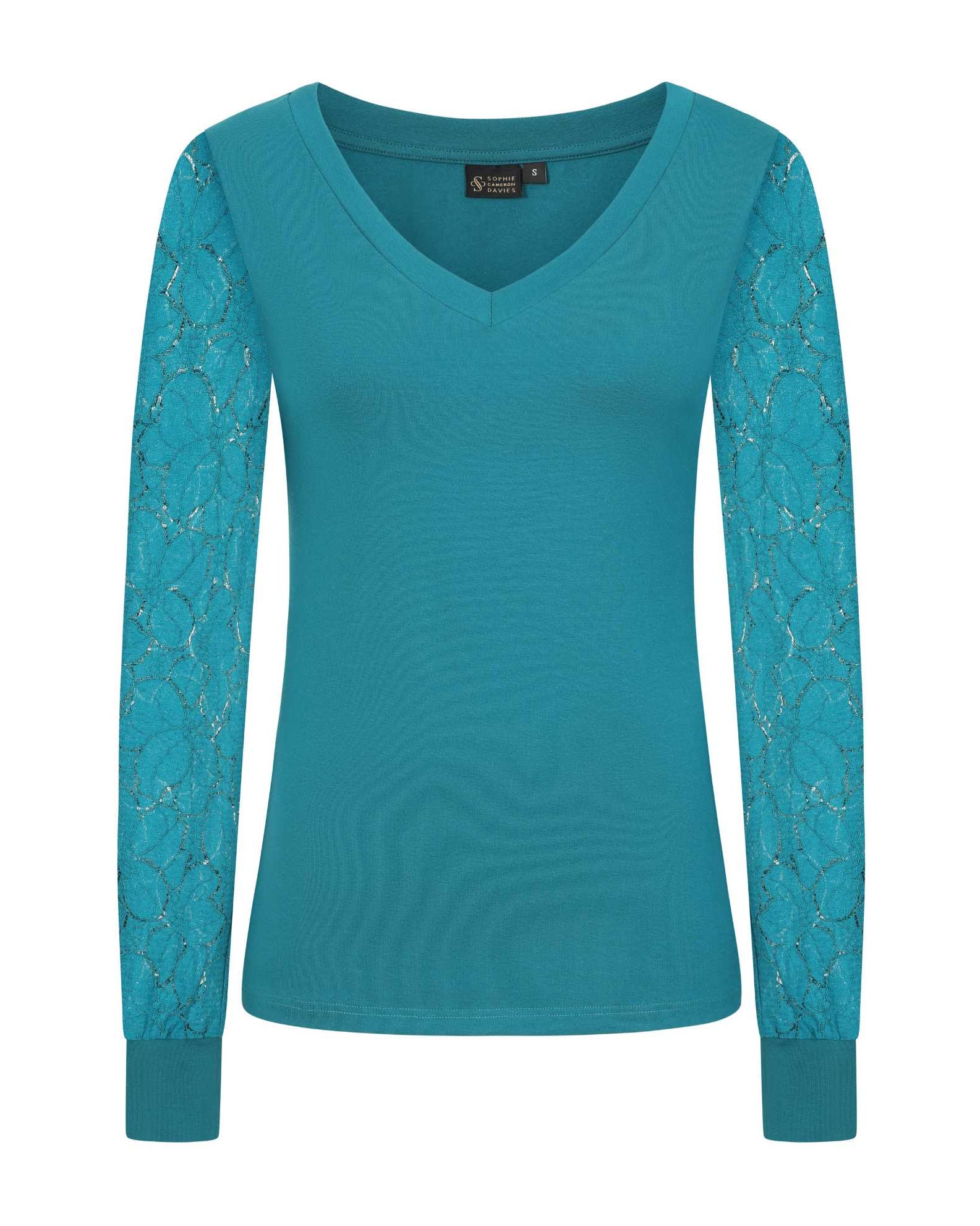 Teal V-Neck Lace Sleeve Top Sophie Cameron Davies