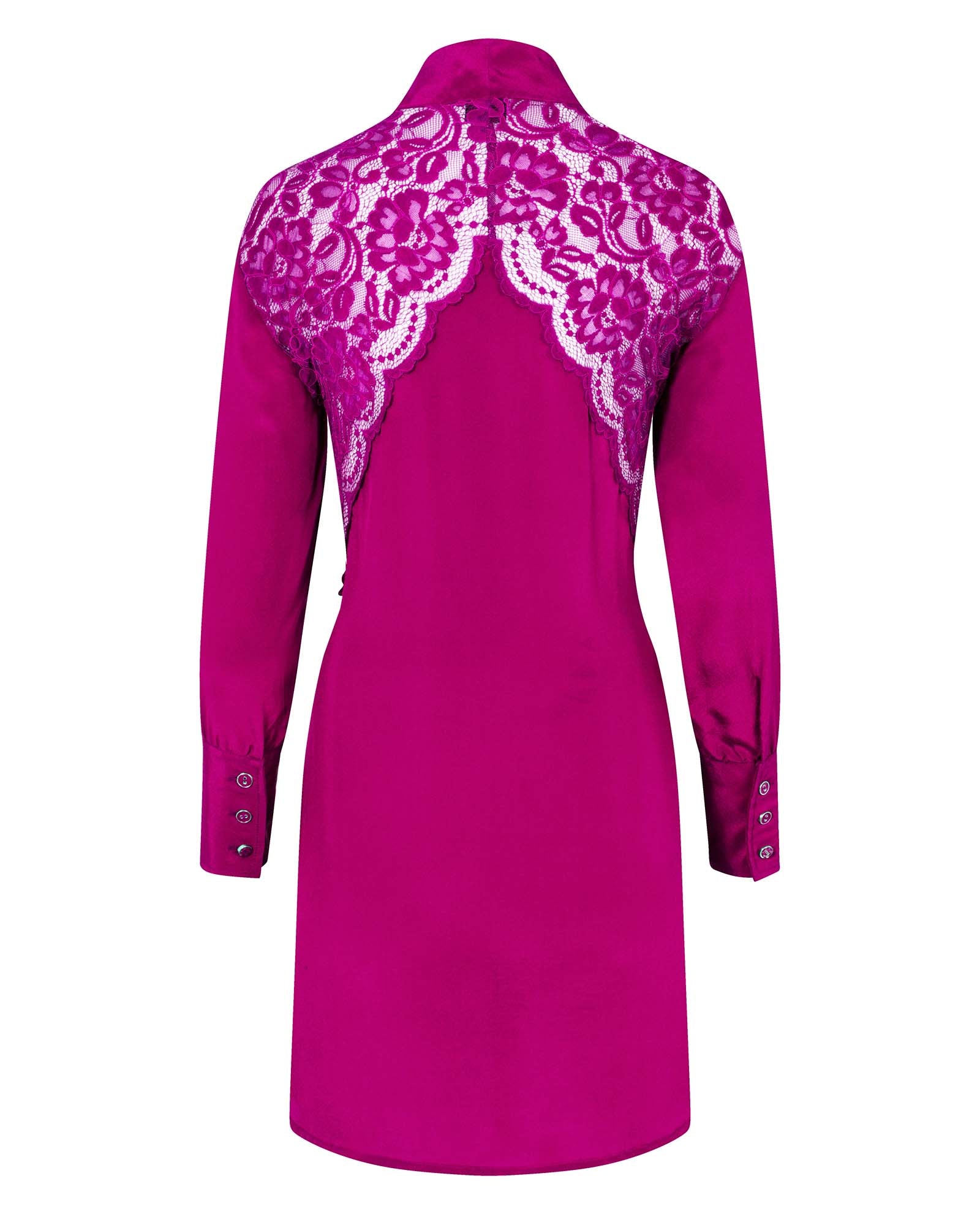 Silk Bow Mini Dress Berry Pink with pink lace panel on the back