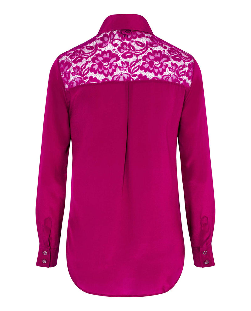 Classic Silk Shirt Berry Pink with lace panel on the back in pink