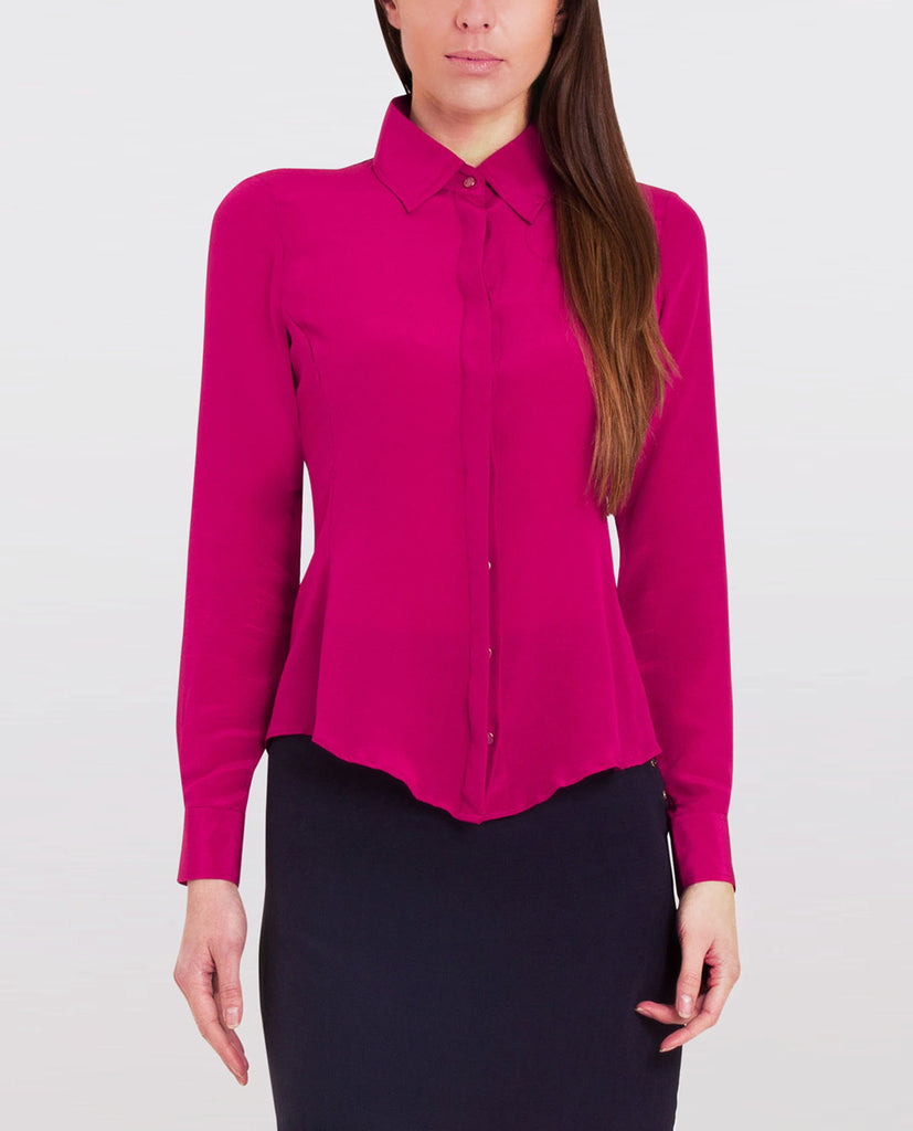 Model wearing fitted silk shirt berry pink