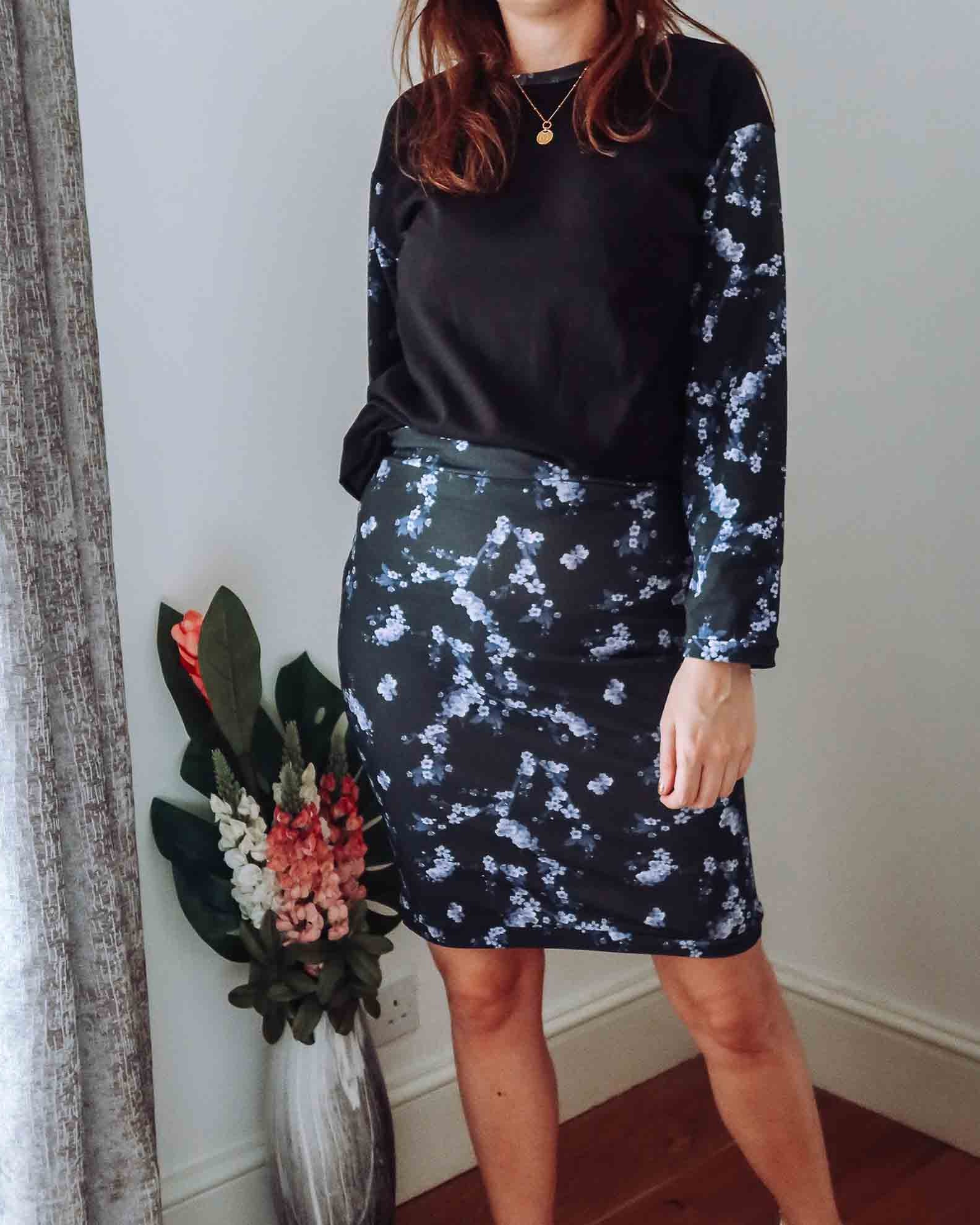 Black & Grey Floral Jersey Skirt